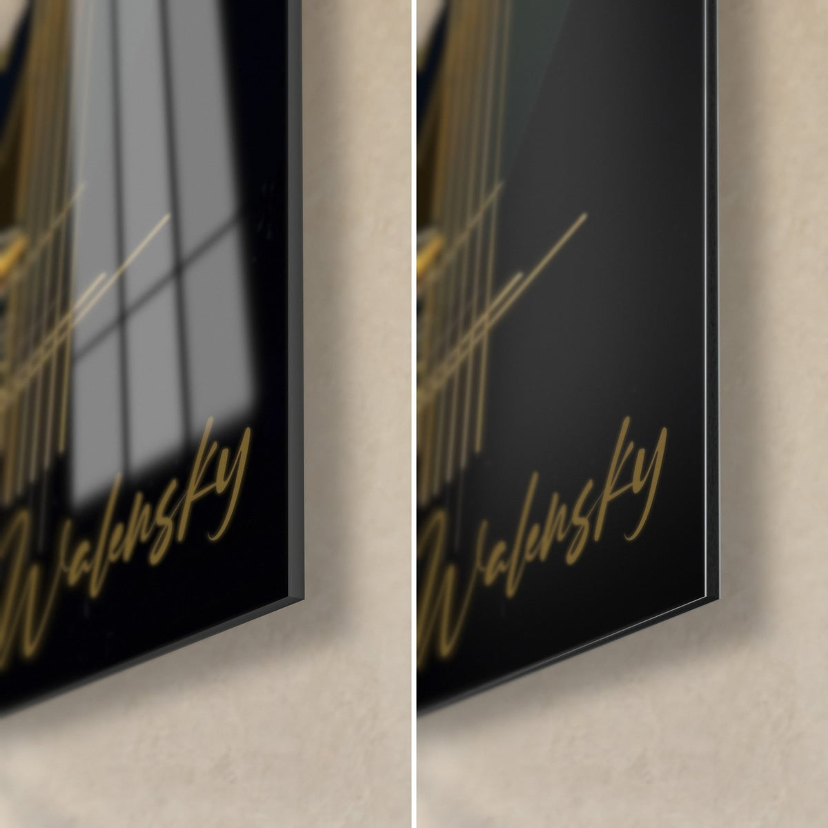 Schilderij gouden martiniglas, rechtsonder: glanzend acrylglas links, mat zwart Dibond rechts, gouden signatuur