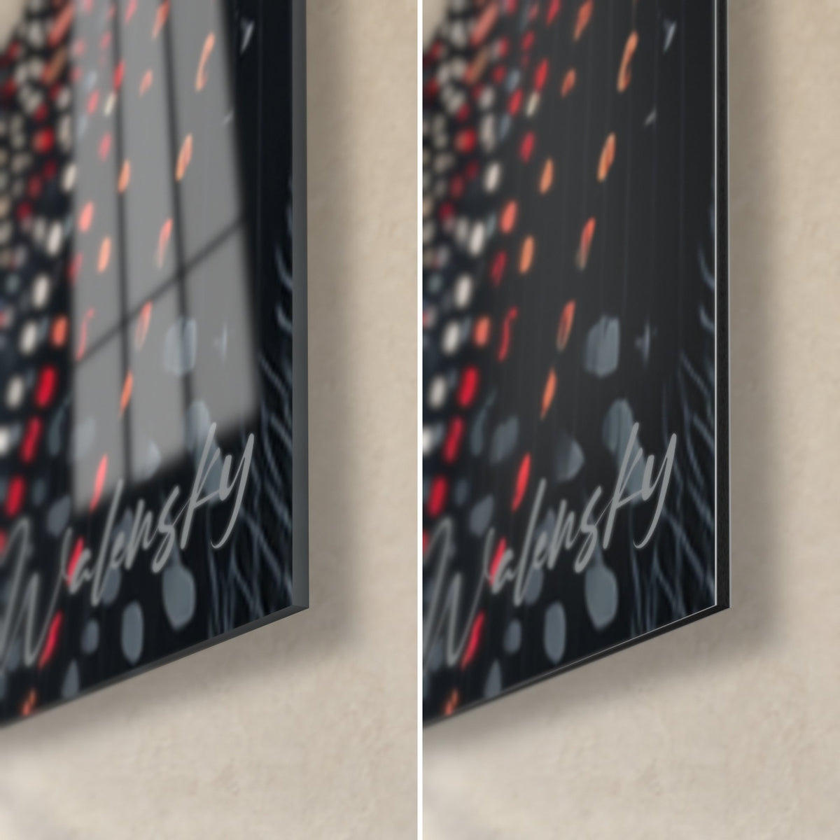 Cuadro gráfico de mandril, esquina inferior derecha: cristal brillante con reflejos de ventana, aluminio Dibond mate, puntos rojos sobre fondo negro