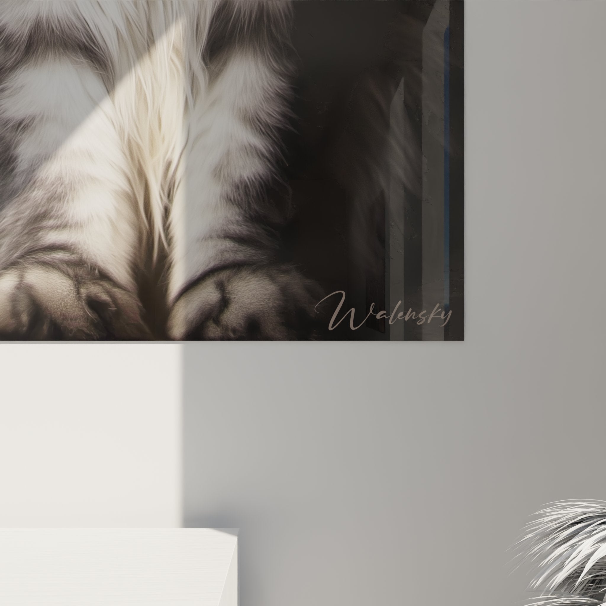 Vue d'ensemble du tableau Maine Coon assis, œuvre d'art murale feline pour salon ou bureau