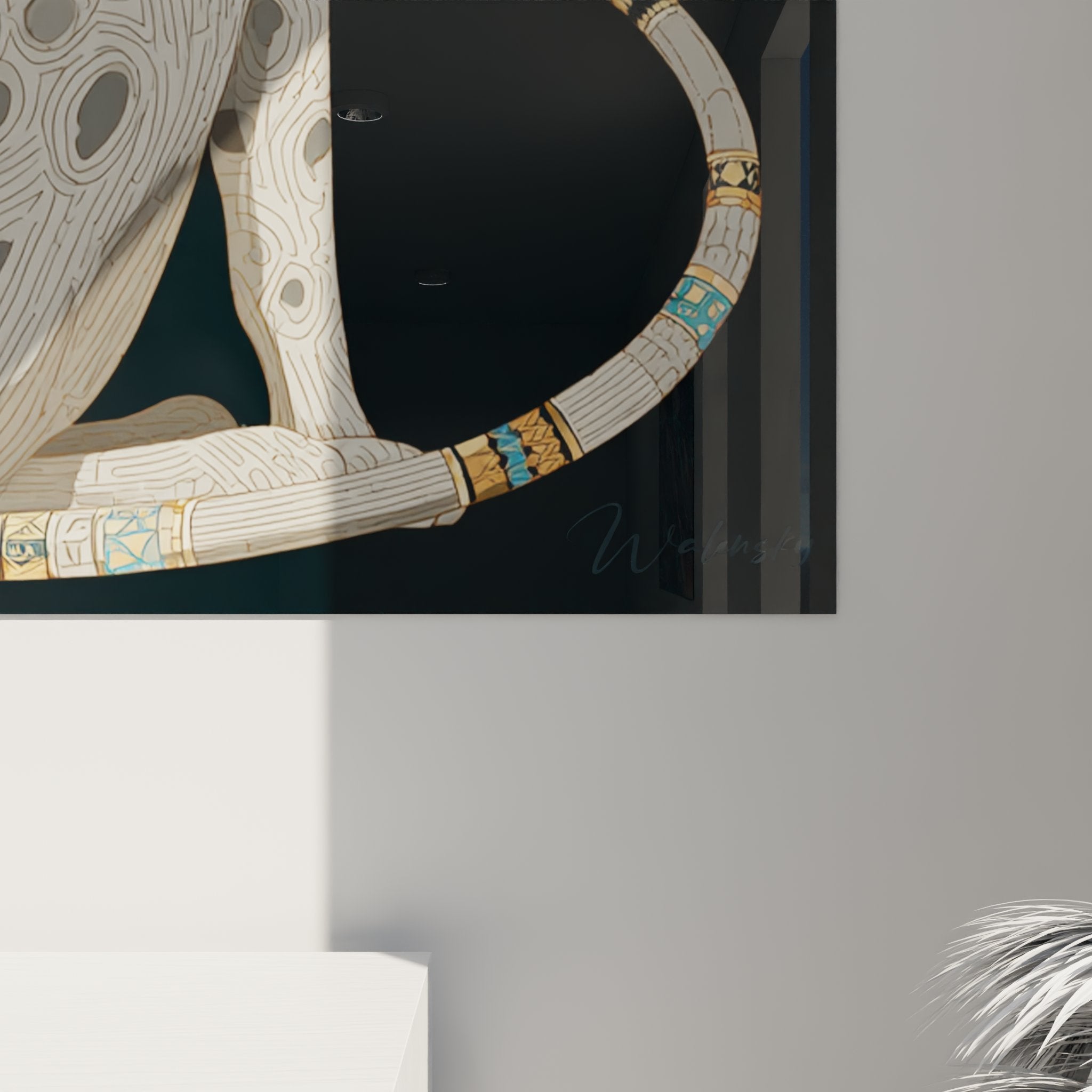 Gesamtansicht Wandgemälde majestätische ägyptische Katze mit goldenen Verzierungen, hochwertige Dekorationskunst