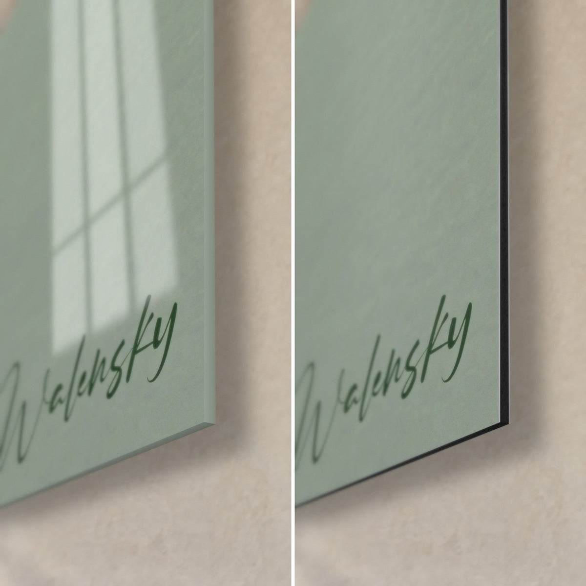 Gemälde Schwung-Silhouette, salbeigrüne Ecke unten rechts signiert Walensky, glänzendes Acrylglas mit Reflexen links, matt gebürstetes Dibond rechts