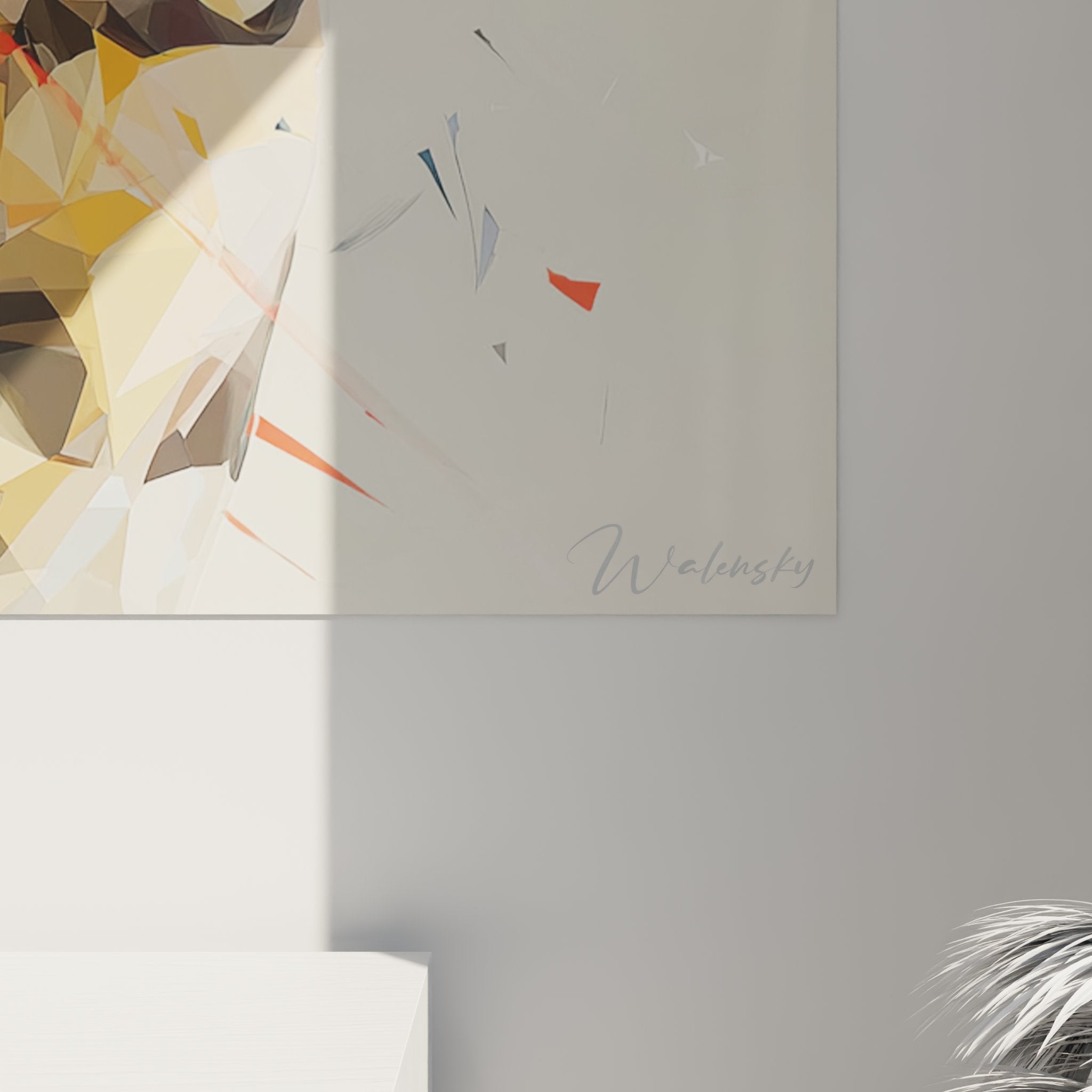 Vue d'ensemble du tableau chat Toyger géométrique dans un intérieur contemporain lumineux