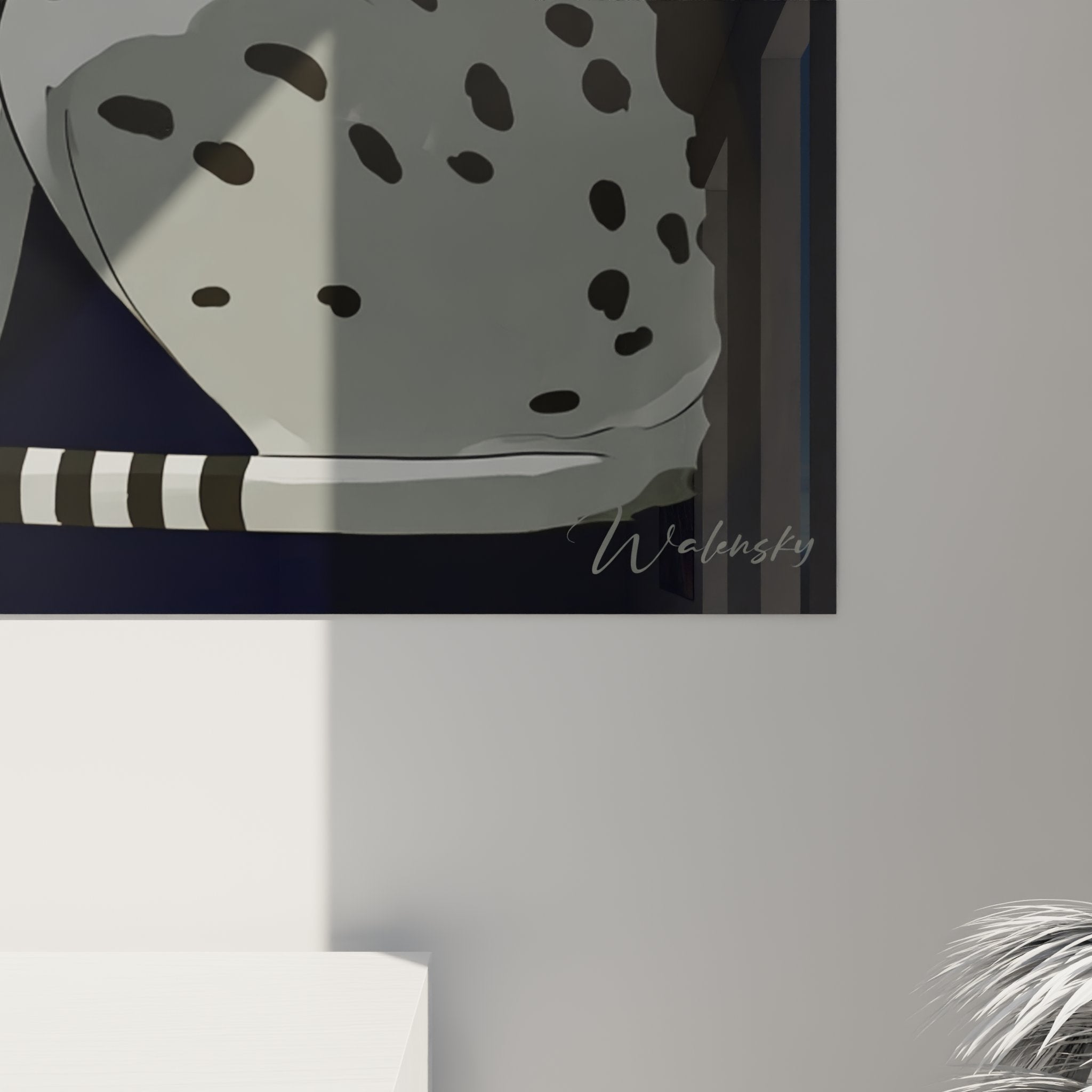 Vista prospettica quadro murale gatto Egyptian Mau Bastet, rendering 3D su parete salotto decorazione arte egiziana moderna