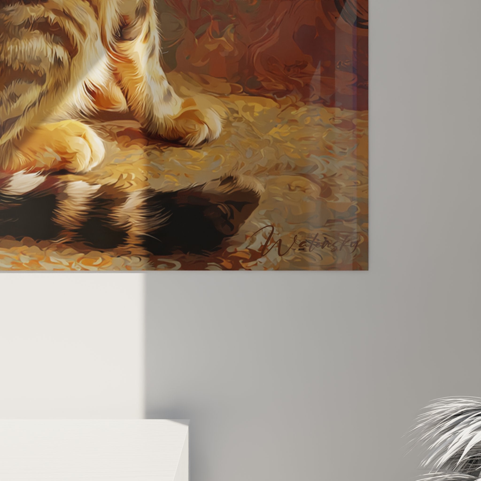 Vue d'ensemble du tableau chat Bengal avec son cadre et l'effet de profondeur de l'œuvre d'art