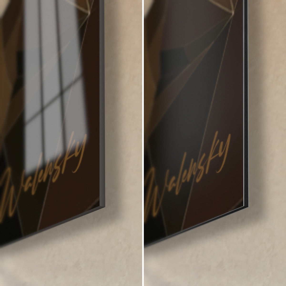 Schilderij geometrische kater, rechteronderhoek van glanzend glas en mat zwart Dibond-aluminium, gouden signatuur, zichtbare rand van 3 mm