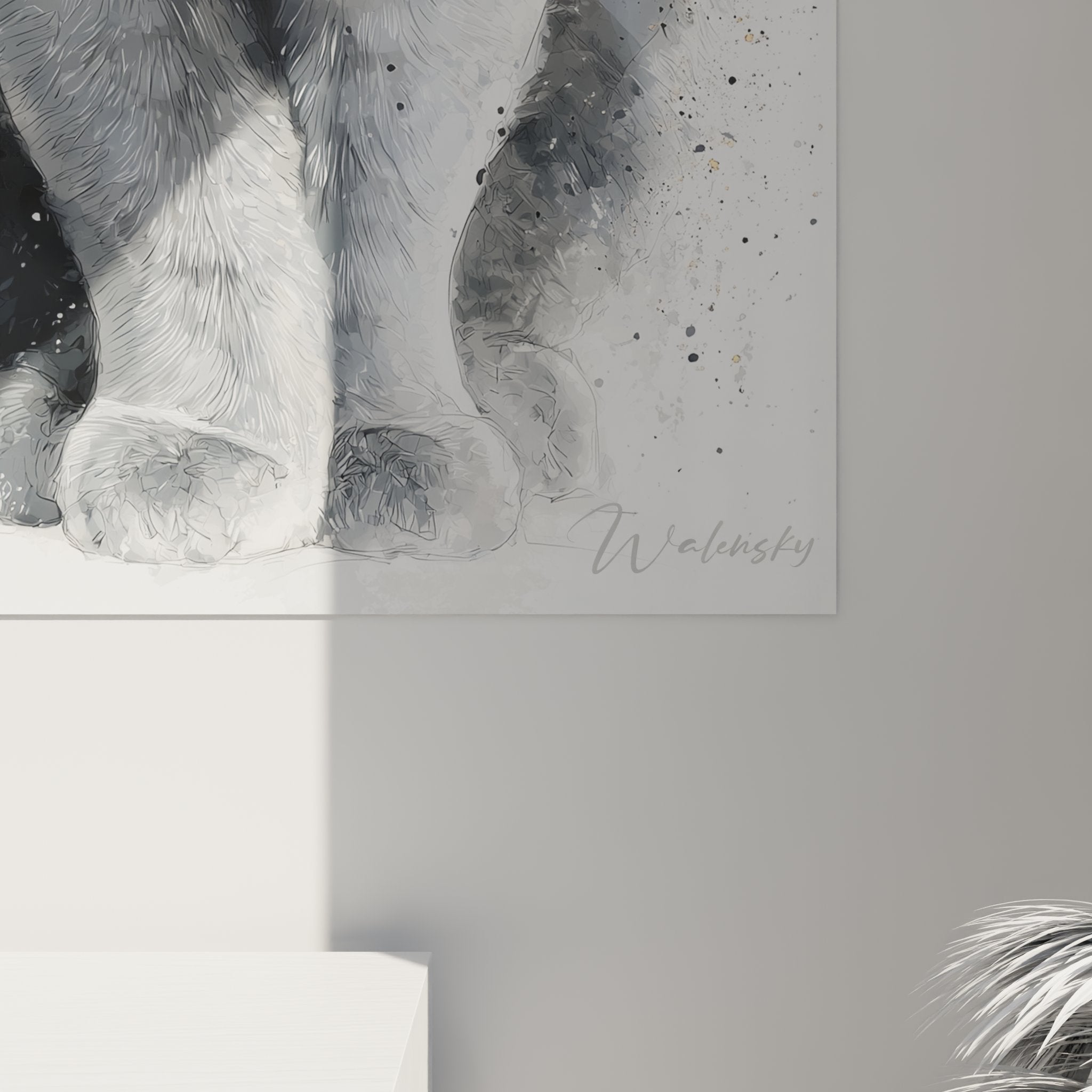 Vista d'insieme quadro murale gatto British Shorthair grigio arte contemporanea decorazione soggiorno moderno