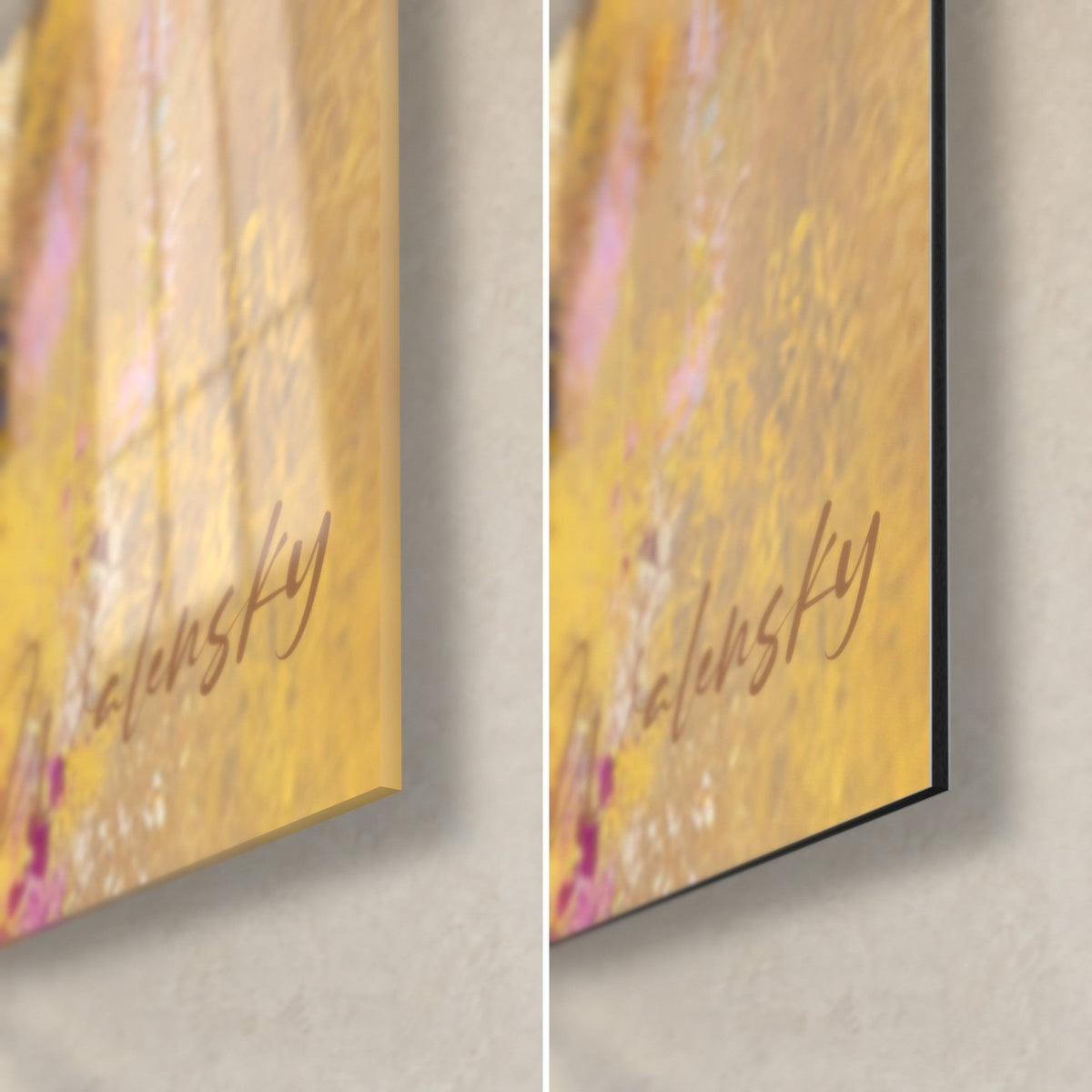 Wall art Bengal portrait, bottom right corner in mustard yellow and pink, Walensky signature, glossy acrylic glass on the left, matte Dibond on the right