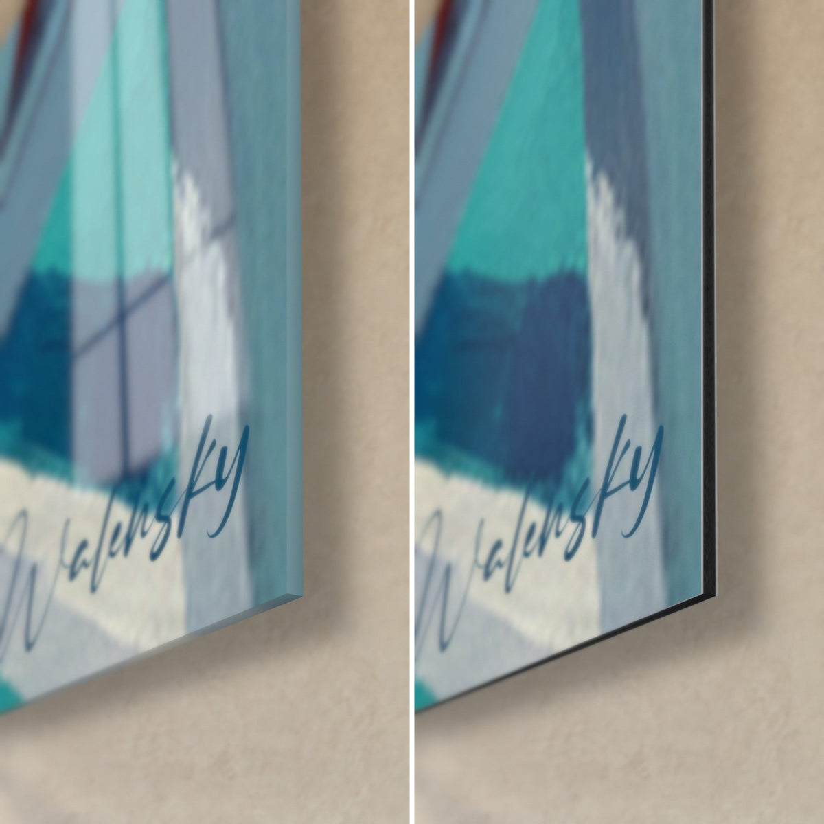 Tableau baigneuse surveillée par une gardienne, coin bas droit : signature Walensky bleue sur verre brillant à gauche, Dibond mat noir à droite