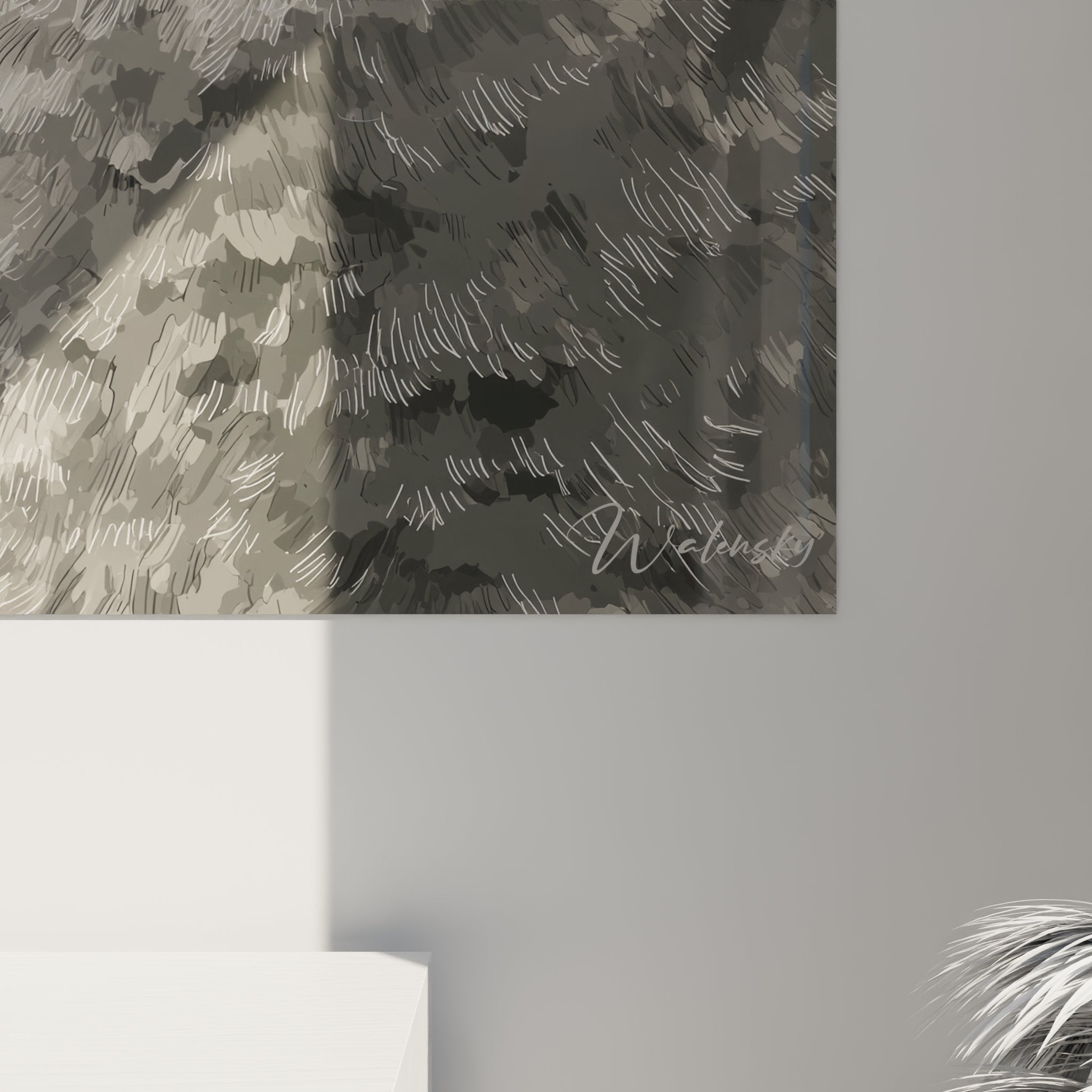 Vista prospettica quadro murale gatto British Shorthair, ombra proiettata su muro bianco, decorazione interna
