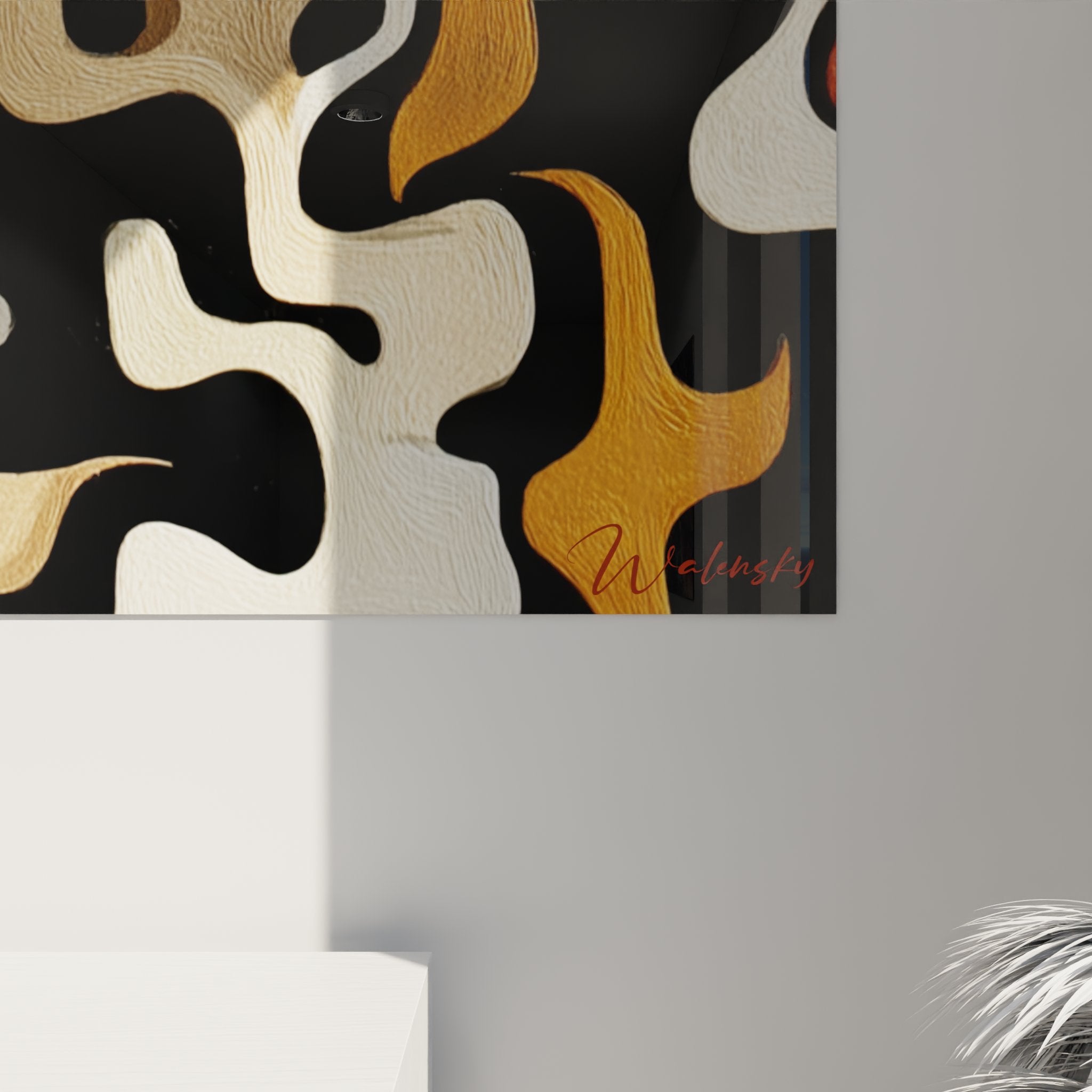 Overview of abstract African wall painting with fluid shapes and earthy color palette