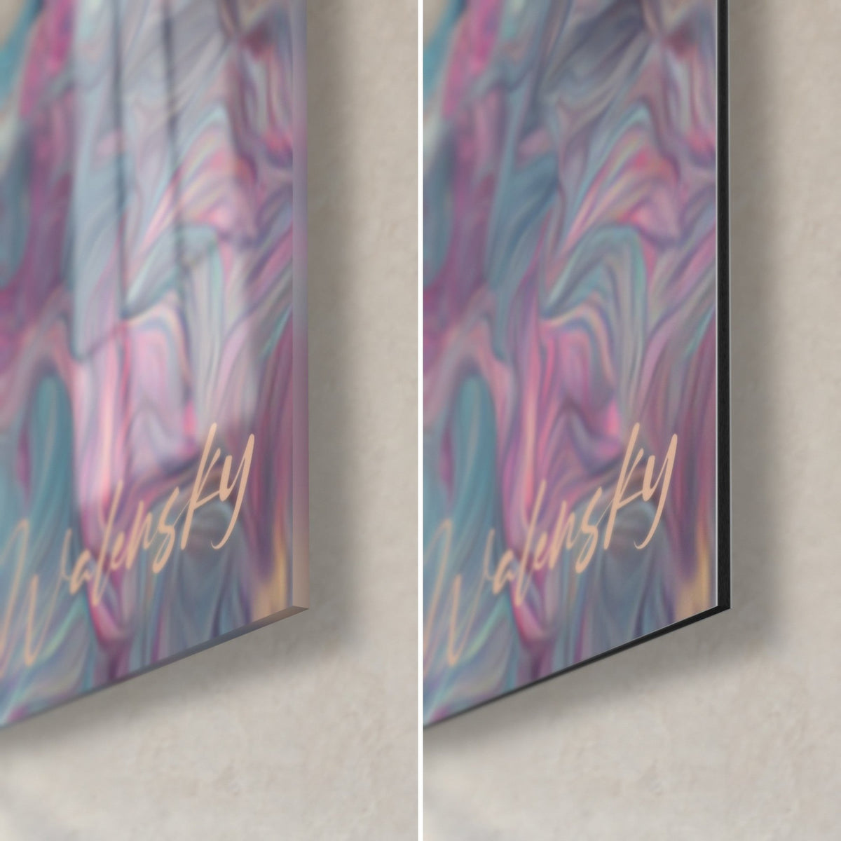 Wall art of a feline portrait with pink and blue floral patterns, bottom right corner: glossy glass on the left, matte Dibond on the right, 3 mm edge
