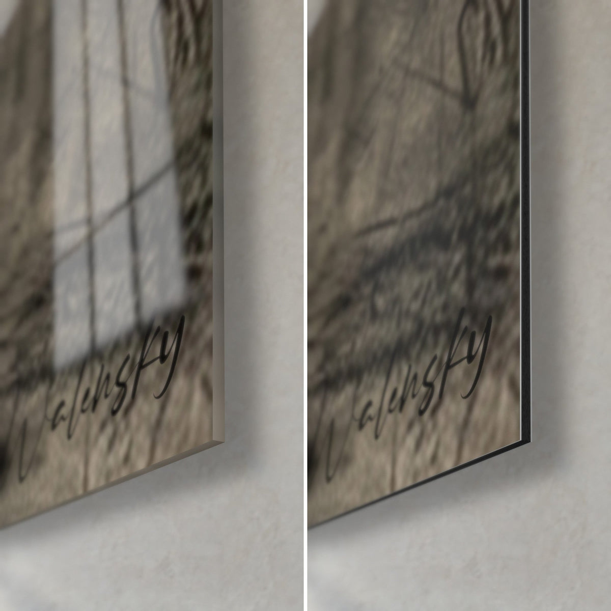 Wall art bronze runner silhouette, bottom right corner, black signature and glass reflections against matte grey Dibond