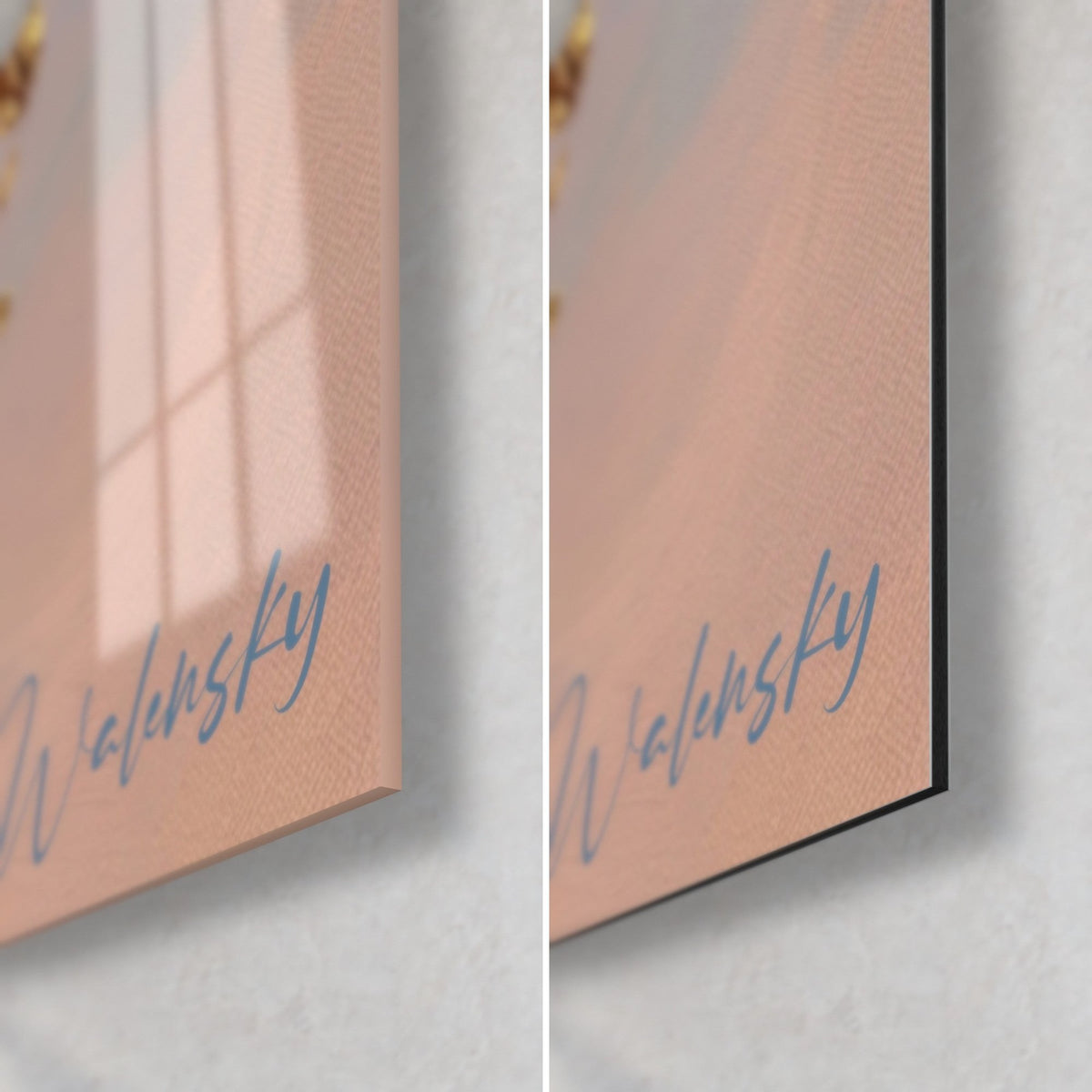 Schilderij geschilderd hoogspringen, zalmroze met blauwe handtekening, rechterbenedenhoek van glanzend glas en mat Dibond-aluminium, dikte 3 mm