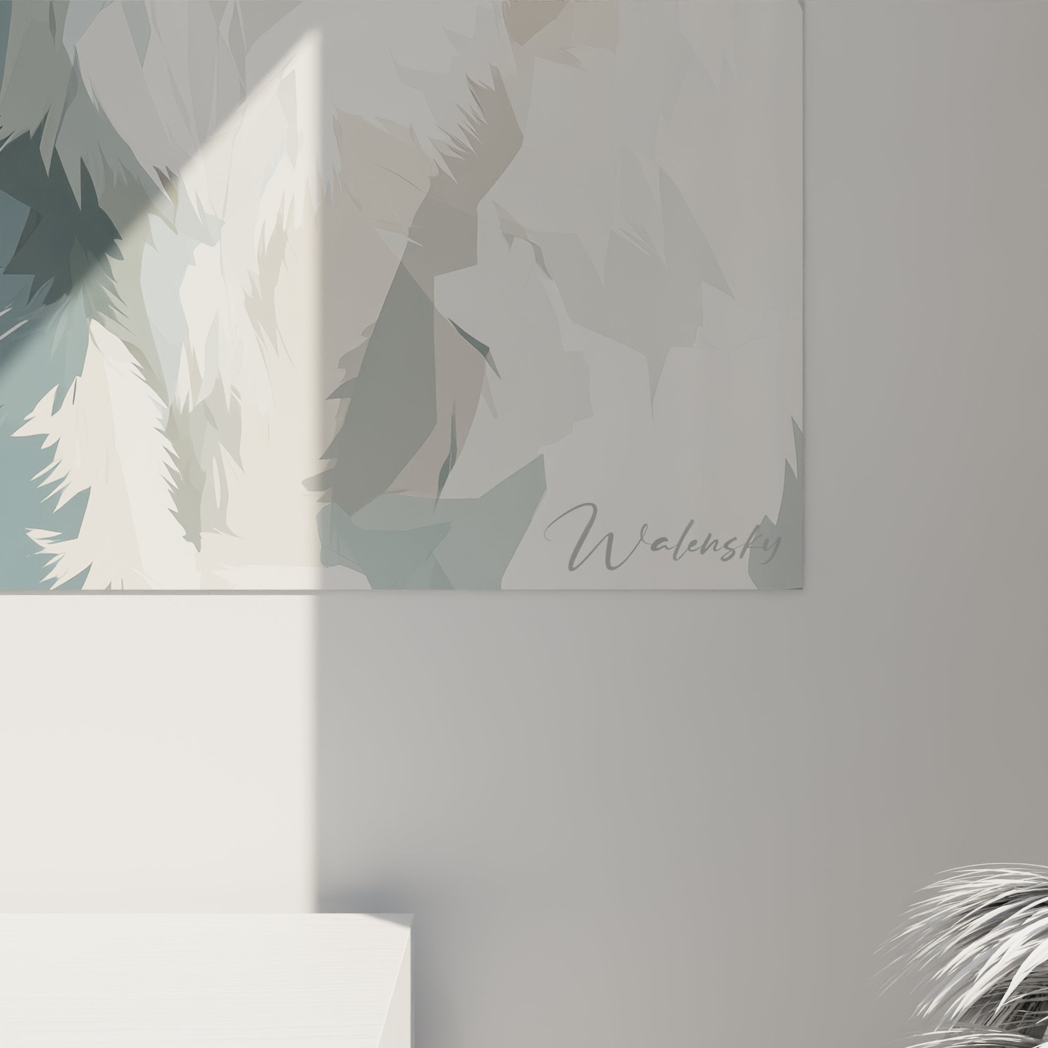 Vue d'ensemble tableau chat Sibérien blanc dans intérieur moderne, décoration murale élégante et raffinée