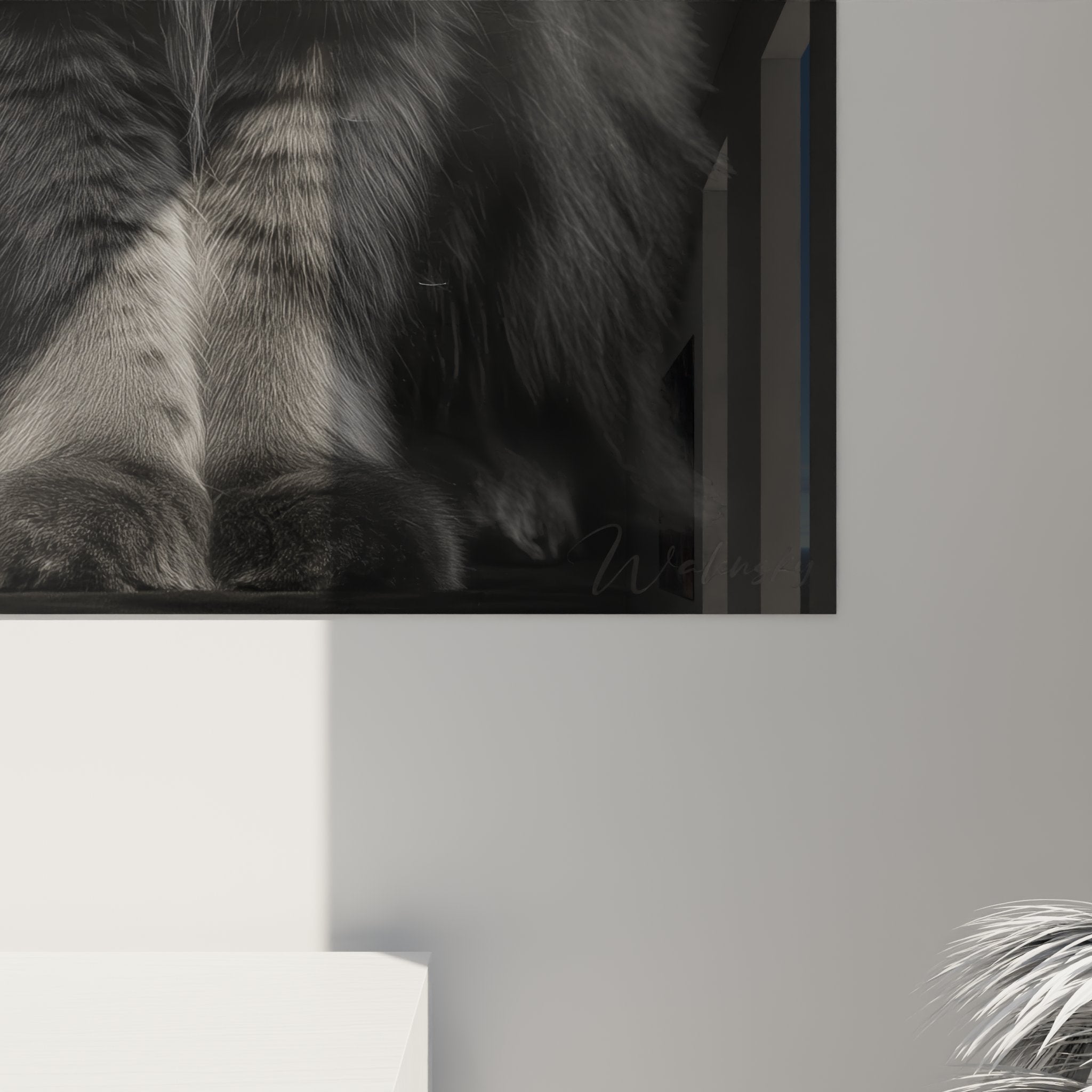 Vista d'insieme del quadro Maine Coon reale in bianco e nero, opera murale felina elegante per decorazione d'interni