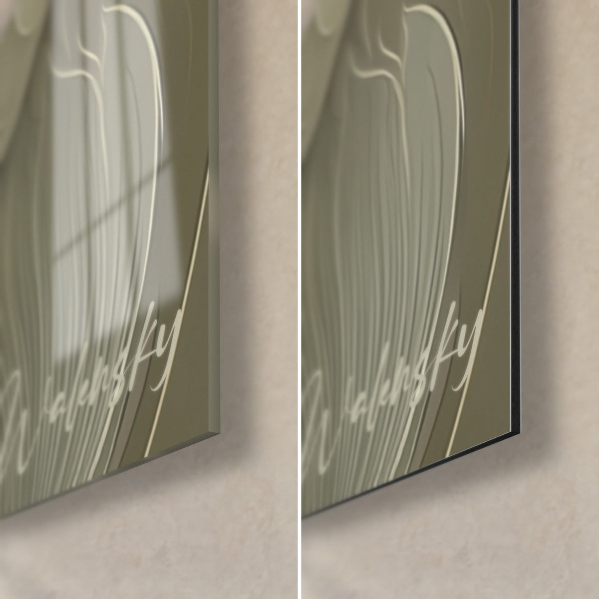 Tableau cygne ivoire au plumage gravé, coin bas droit : verre brillant aux reflets à gauche, Dibond mat vert sauge à droite