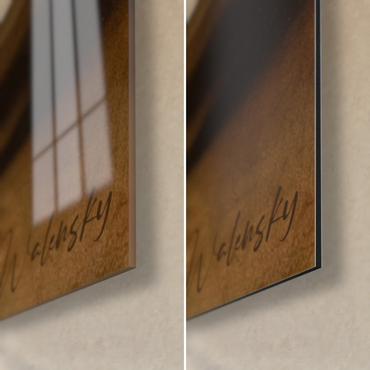 Tableau jeune lanceur au pied nu, coin bas droit, signature Walensky noire, verre acrylique brillant et alu Dibond mat