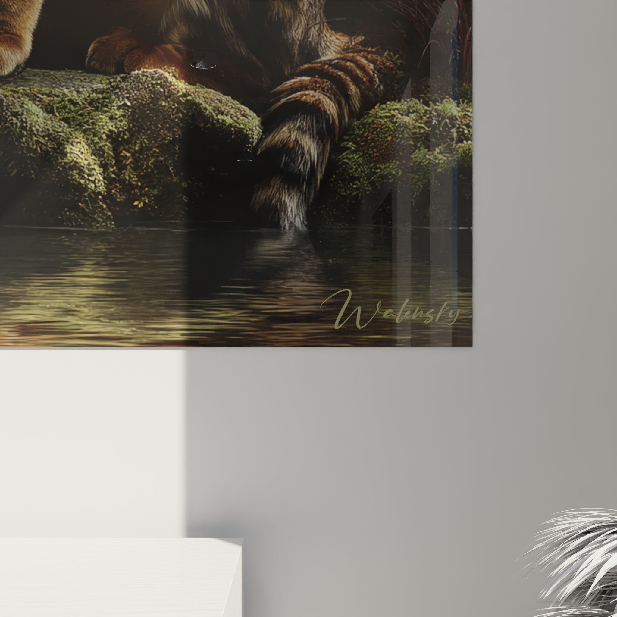 Vue d'ensemble du tableau chat Bengal dans salon contemporain montrant integration harmonieuse avec decoration murale