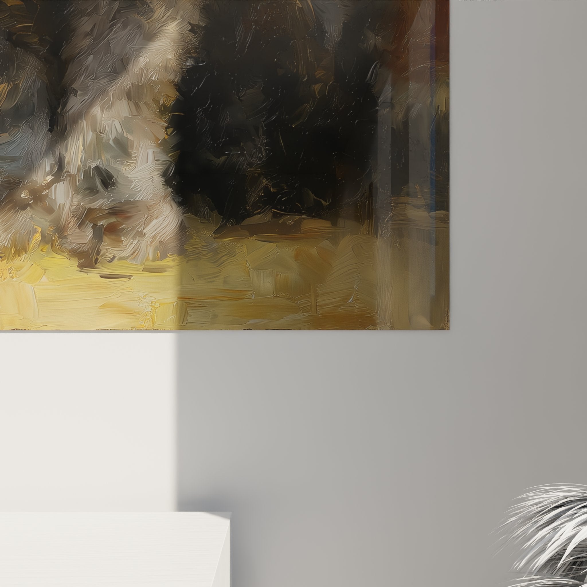 Scottish Fold cat wall art painting displayed in living room, warm interior decoration