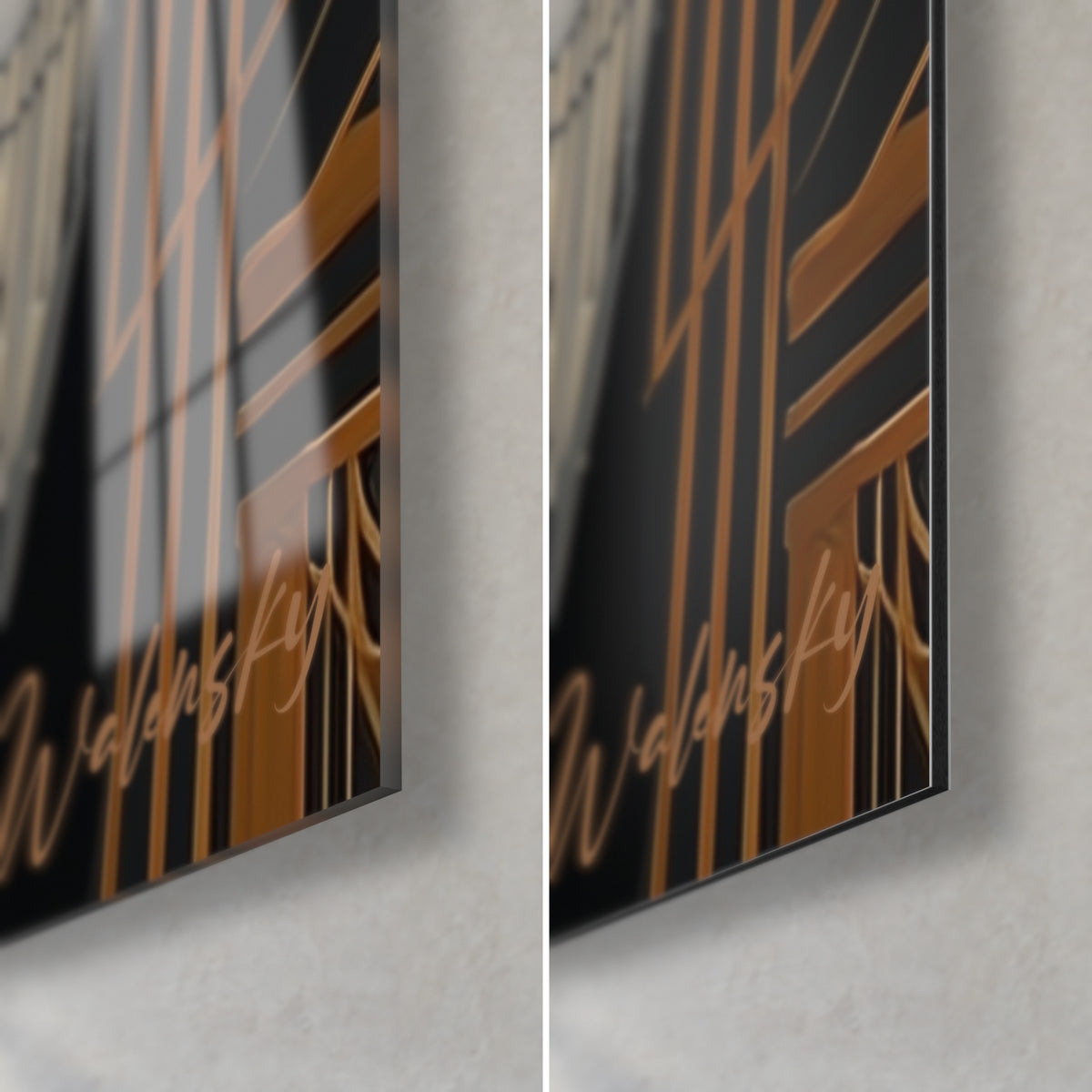 Πίνακας με φλάπερ σε μοτίβα art deco χαλκού και μαύρου, κάτω δεξιά γωνία: γυαλί με λάμψη αριστερά, ματ Dibond δεξιά, πάχος 3 mm