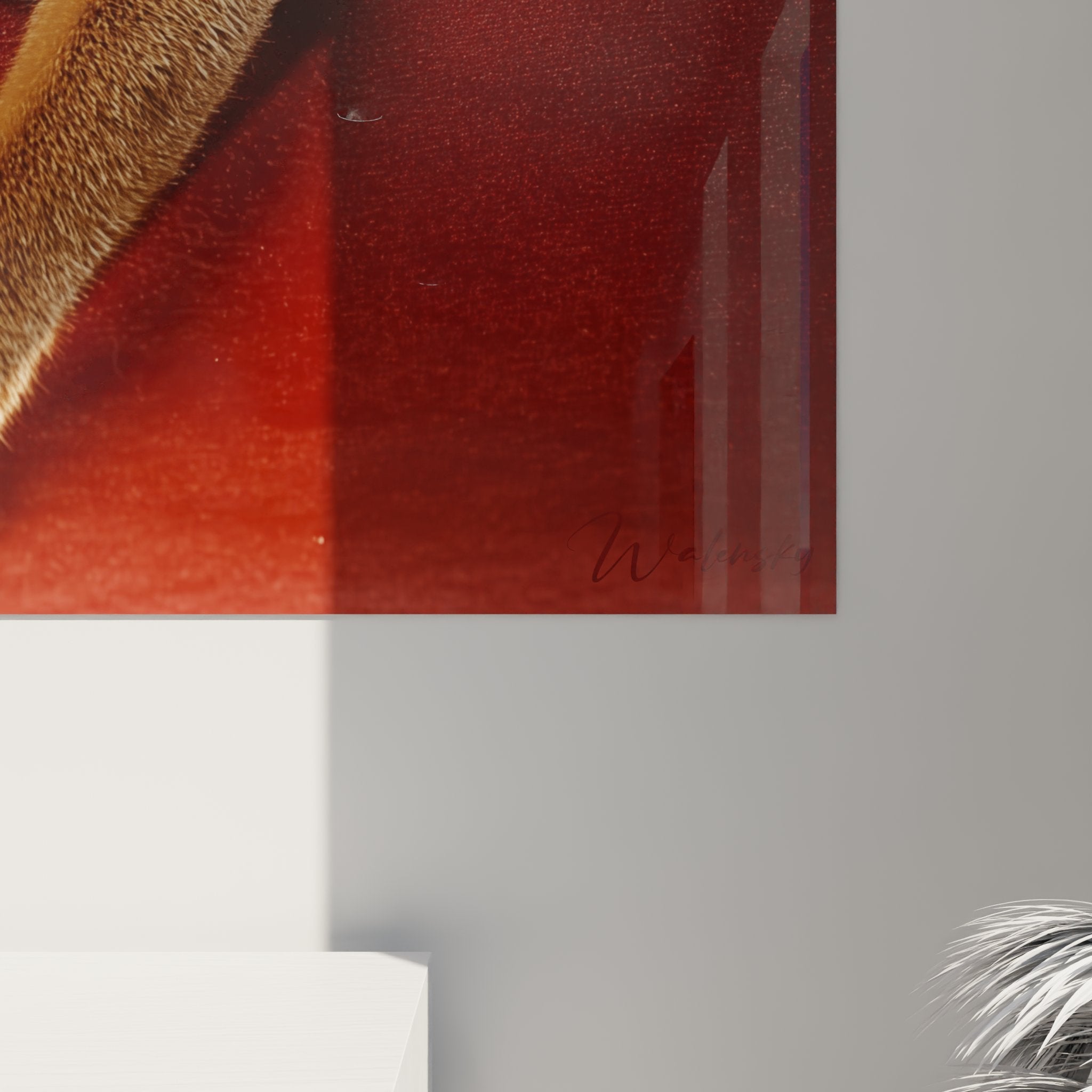 Overview of Abyssinian cat painting red staircase, feline artwork for interior decoration