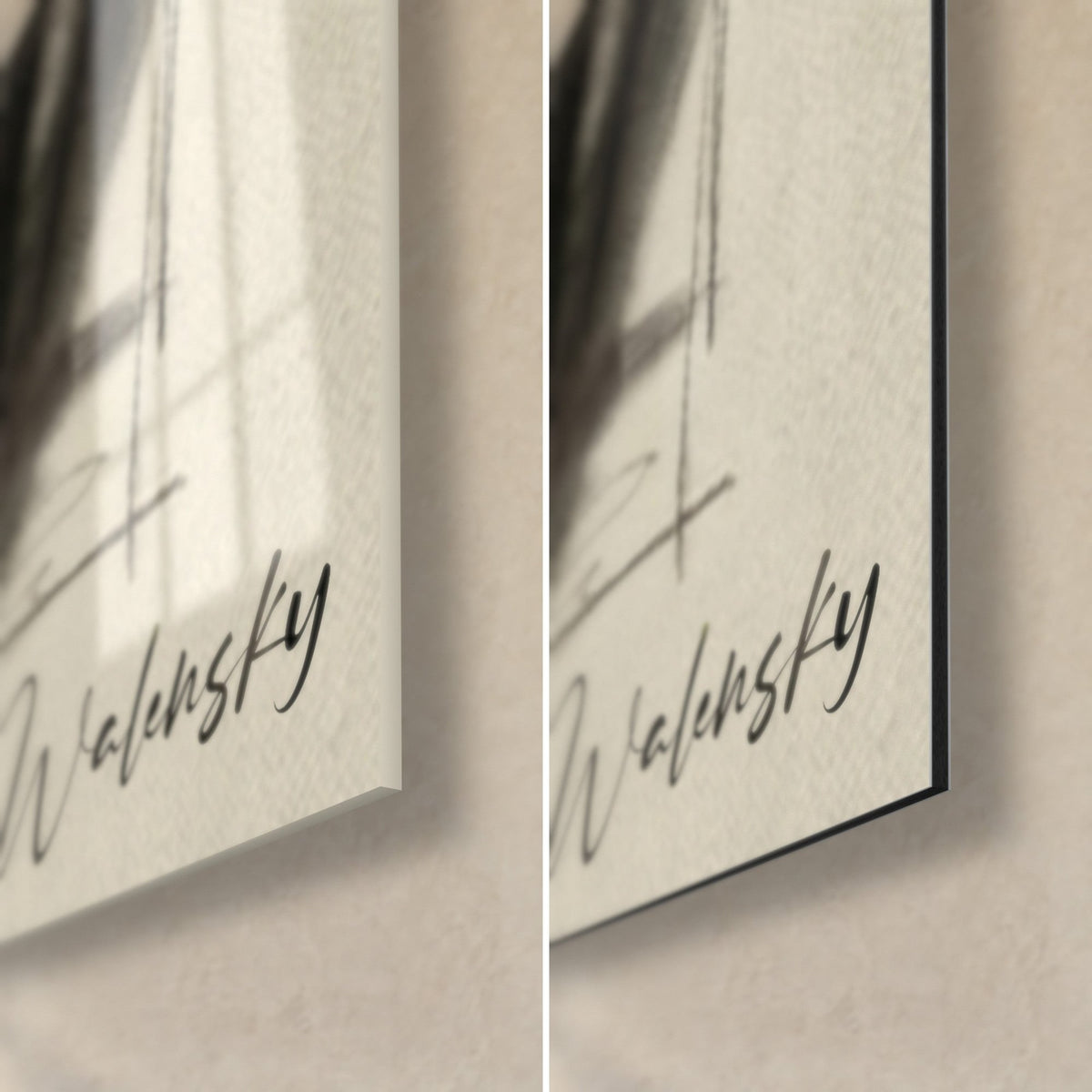 Wall art of a golf swing in charcoal, lower right corner, black signature on beige background, glossy glass and matte Dibond, 3 mm thickness