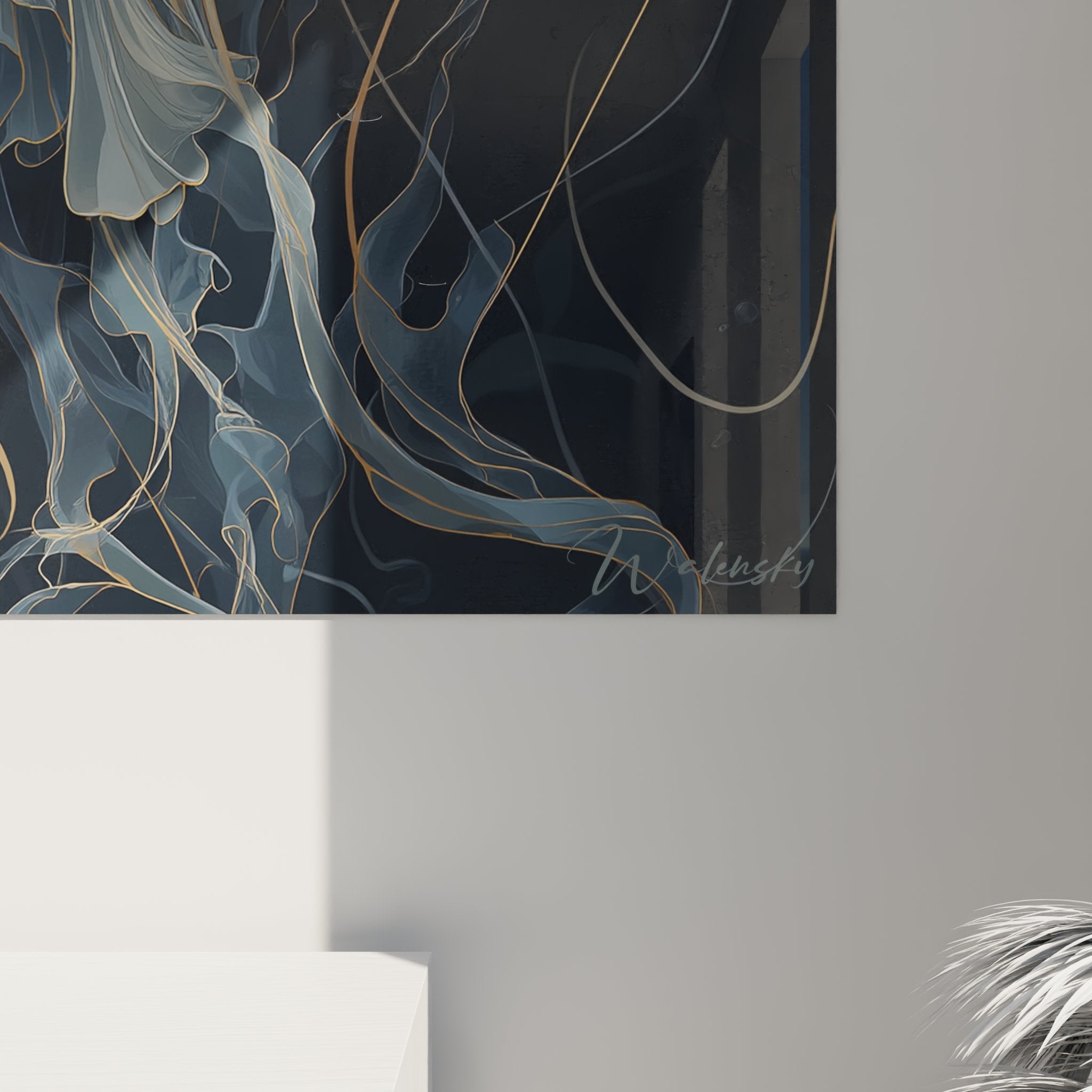 Jellyfish art deco painting overview, contemporary marine artwork for modern interior decoration