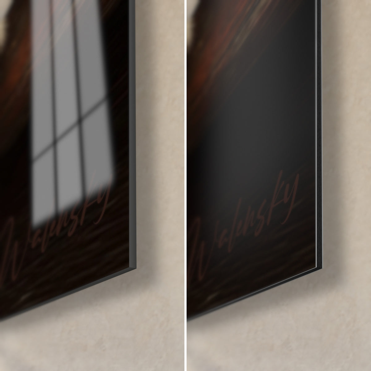Wall art American Bobtail tabby, bottom right corner: glossy glass with reflections on the left, matte Dibond aluminium on the right, brown wood and signature