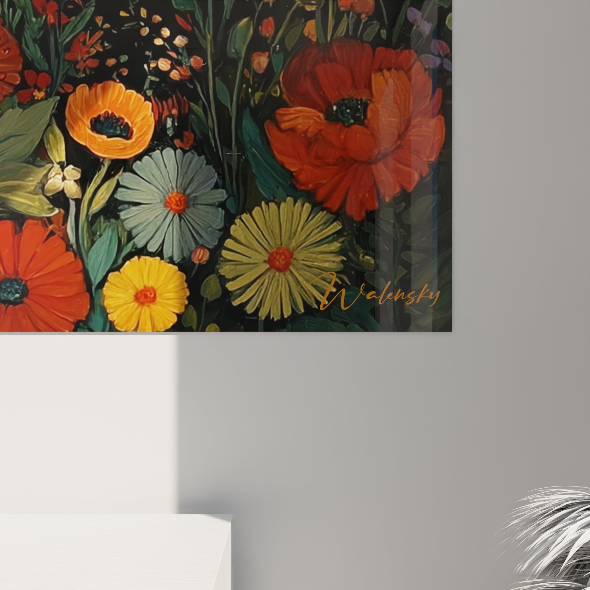 Vista prospettica quadro murale gatto nero giardino fiorito decorazione d'interni stile artistico moderno