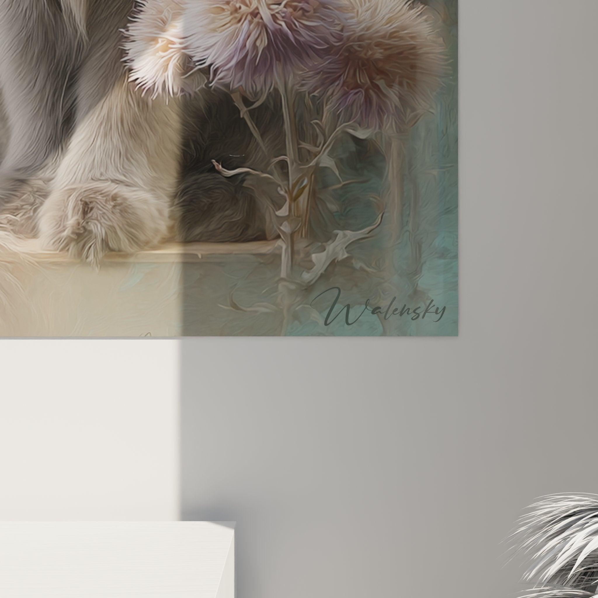 Perspektivische Ansicht Gemälde Turkish Angora Katze, florales Wandkunst, elegante Innenausstattung