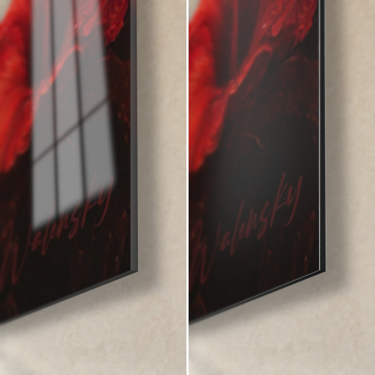 Schilderij Balinese kat, rechtsonder: glanzend glas met raamreflecties links, mat zwart Dibond rechts, rand van 3 mm