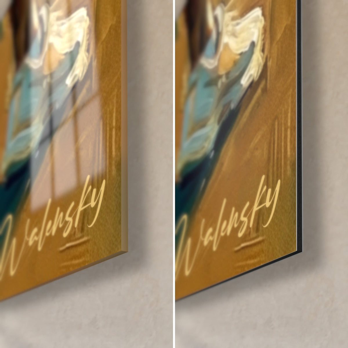 Wall art tennis player in a white skirt, bottom right corner: glossy acrylic glass with reflections, matte ochre Dibond aluminum, 3 mm edge