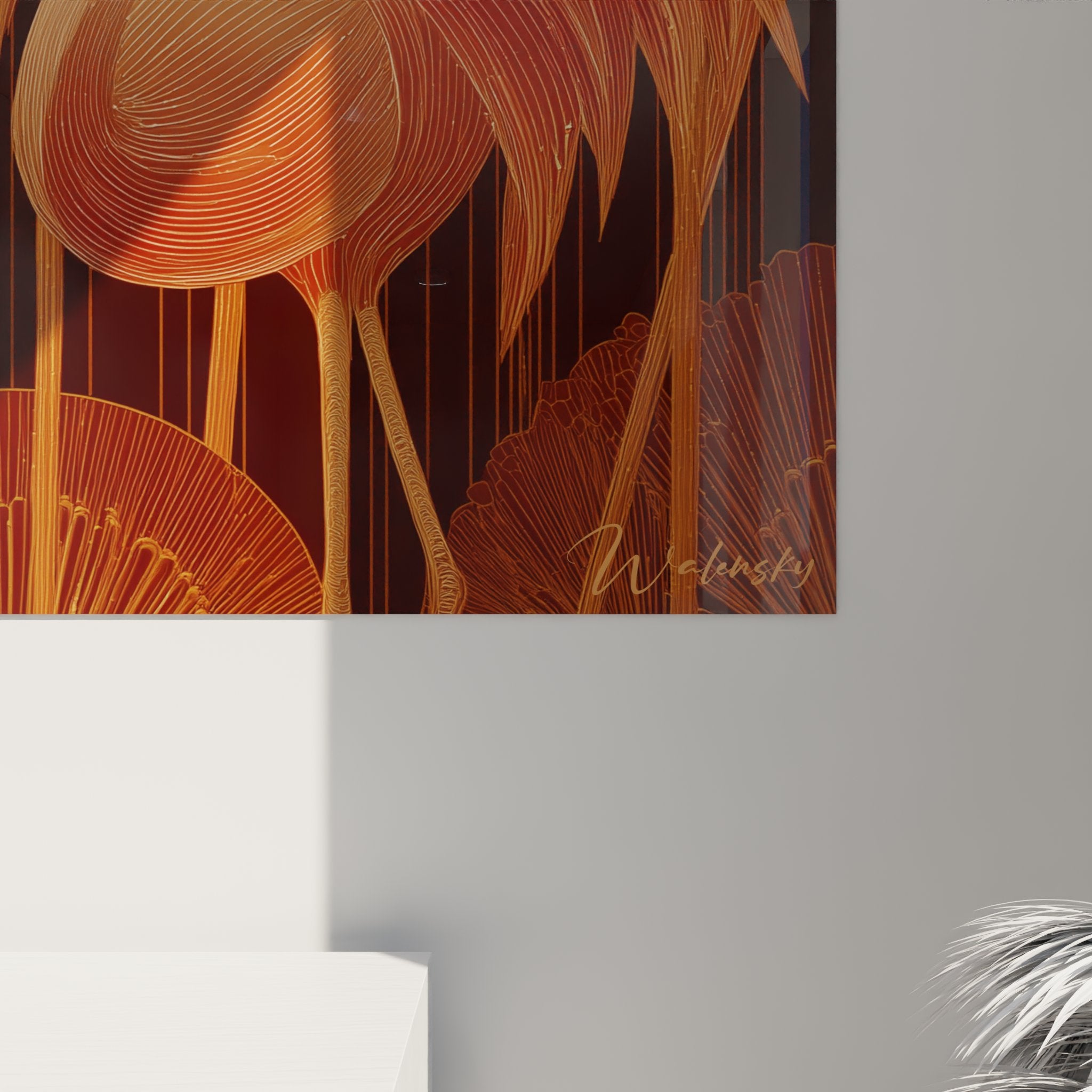 Vista generale del quadro fenicotteri rosa art déco con la sua cornice, che mostra l'effetto decorativo completo