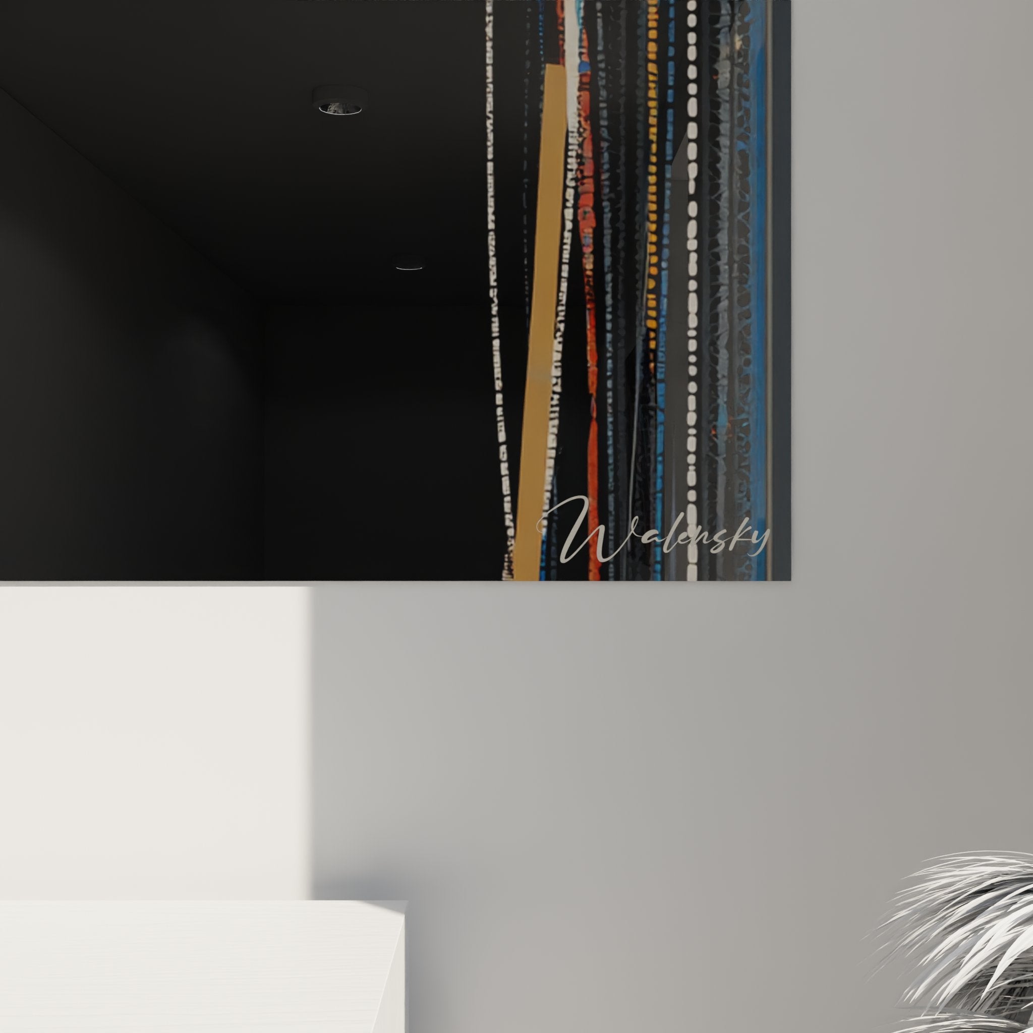 Vista d'insieme del quadro volto africano moderno in un interno contemporaneo con toni neutri