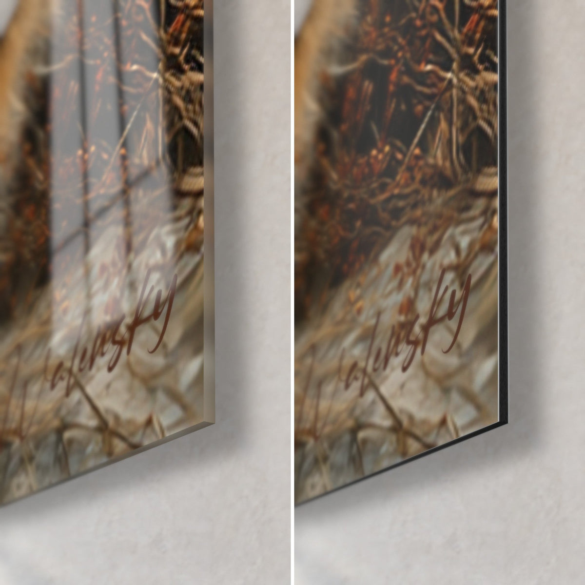 Wall art tabby cat among golden tall grasses and rust twigs, bottom right corner in glossy glass and matte Dibond, 3 mm edge