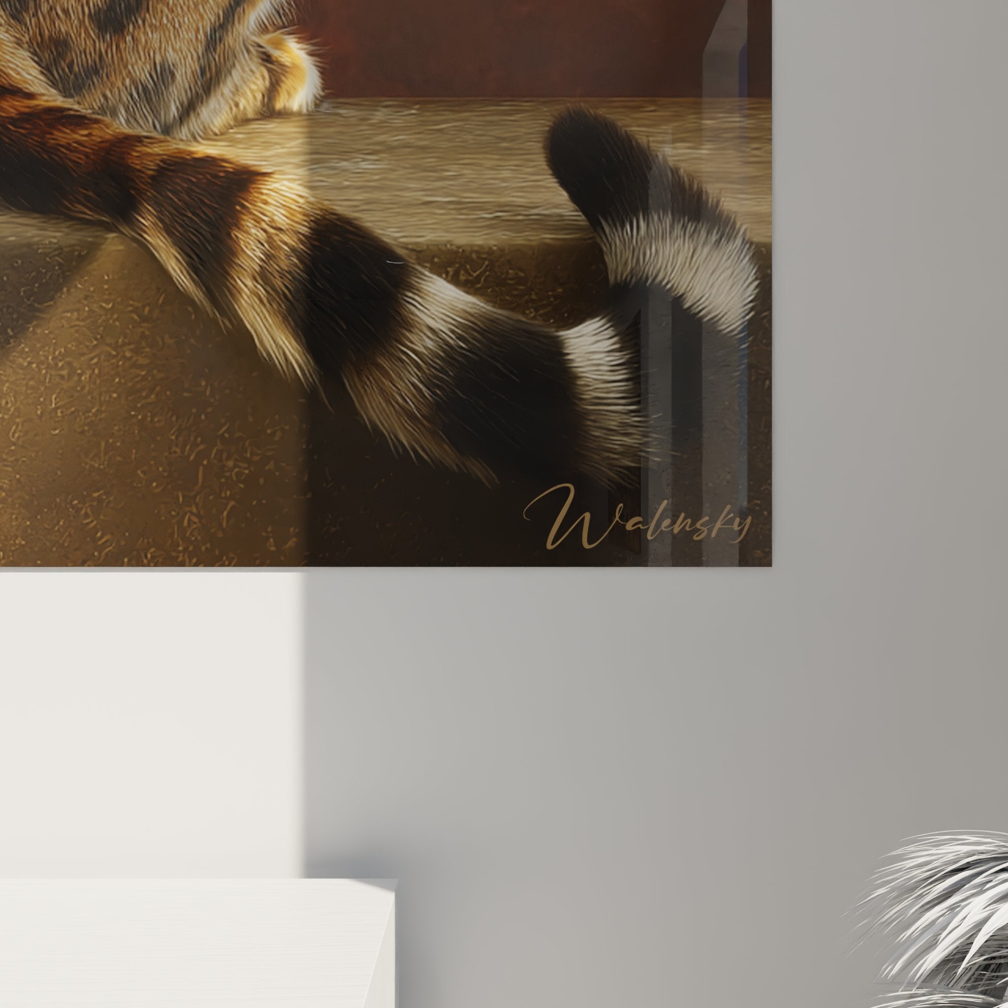 Overview of Toyger cat wall art in modern living room, premium quality decorative feline art