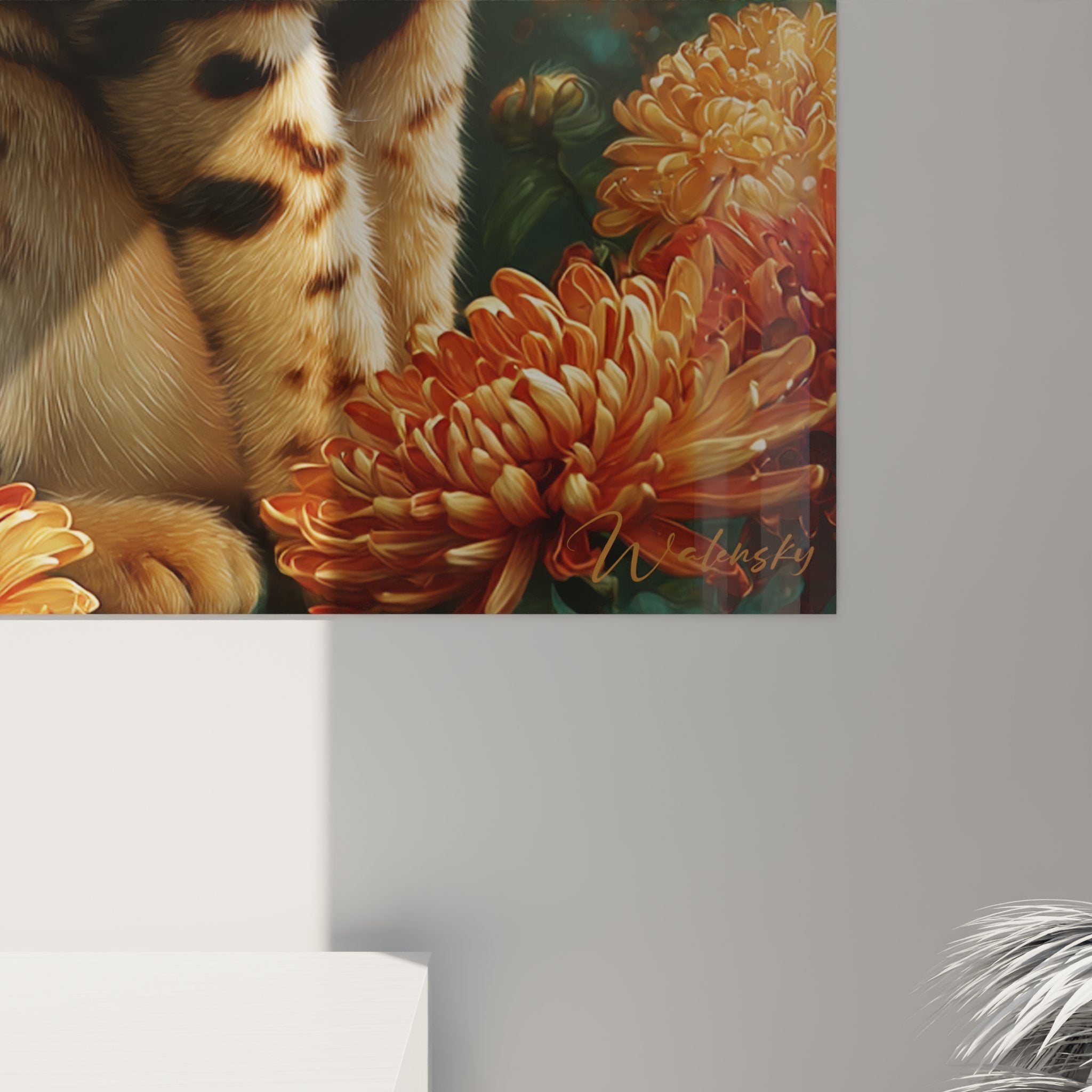Perspective view Bengal cat wall art limited edition with starry background and autumn flowers