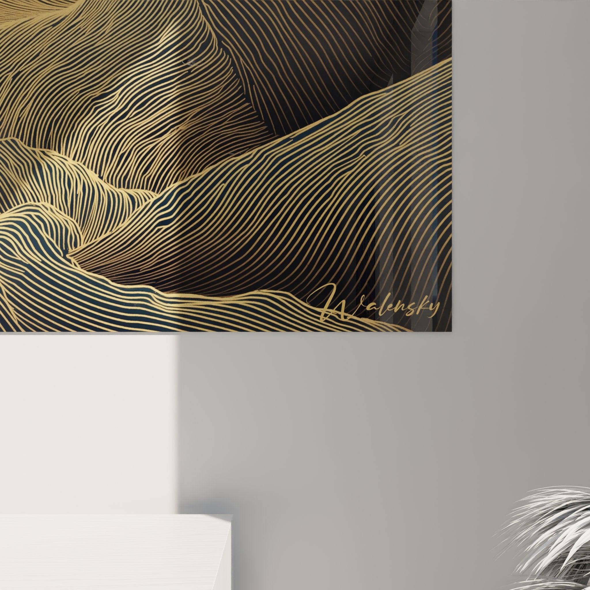 Mountain landscape wall art overview with geometric relief and ochre-blue palette