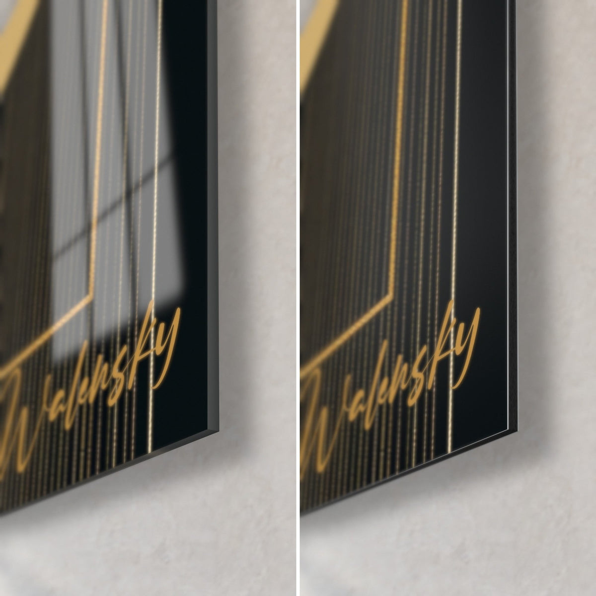 Quadro elegante donna dal profilo scolpito, angolo inferiore destro nero e oro, spessore di 3 mm, vetro lucido a sinistra, Dibond opaco a destra