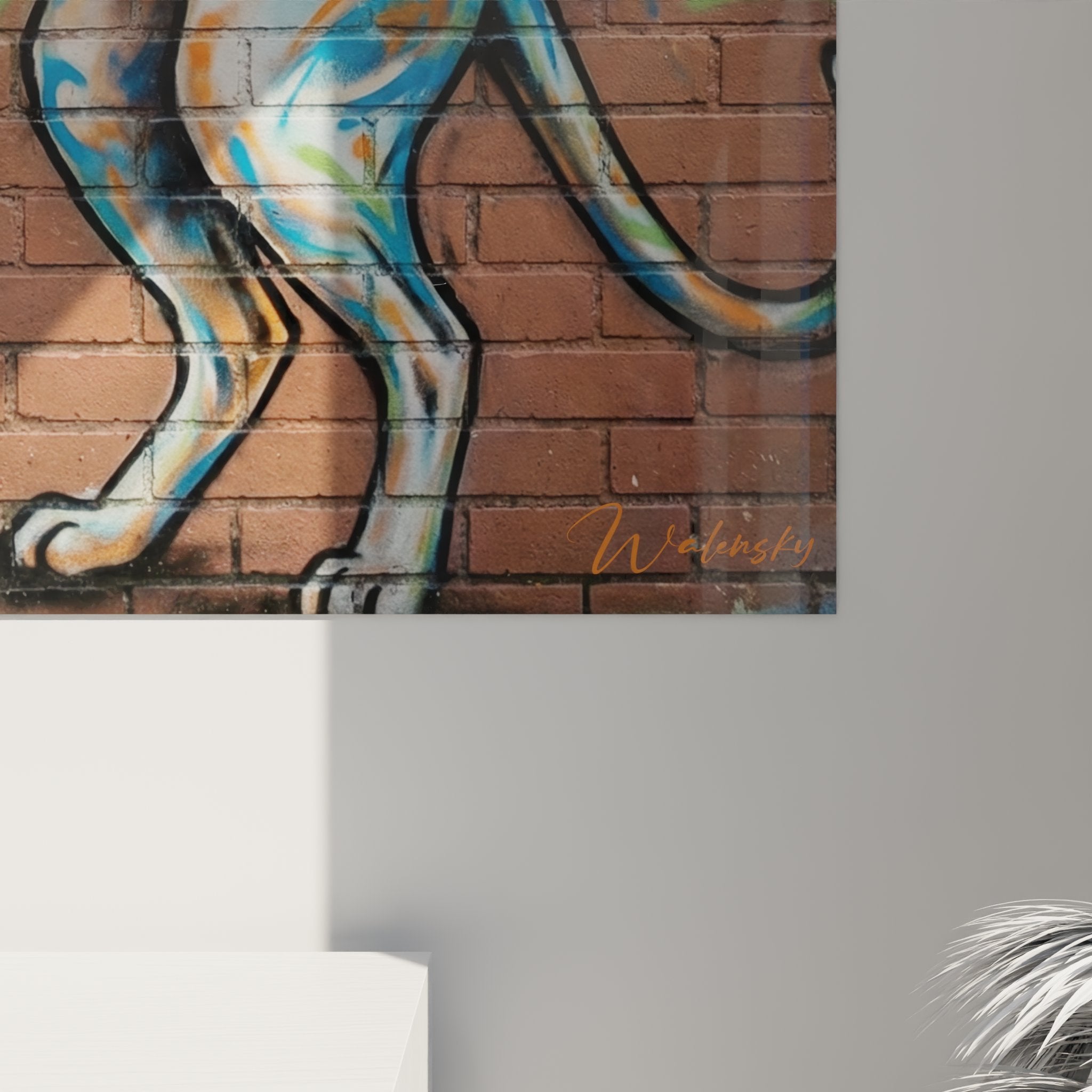 Vista generale quadro murale gatto Cornish Rex graffiti con tavolozza colorata su mattoni