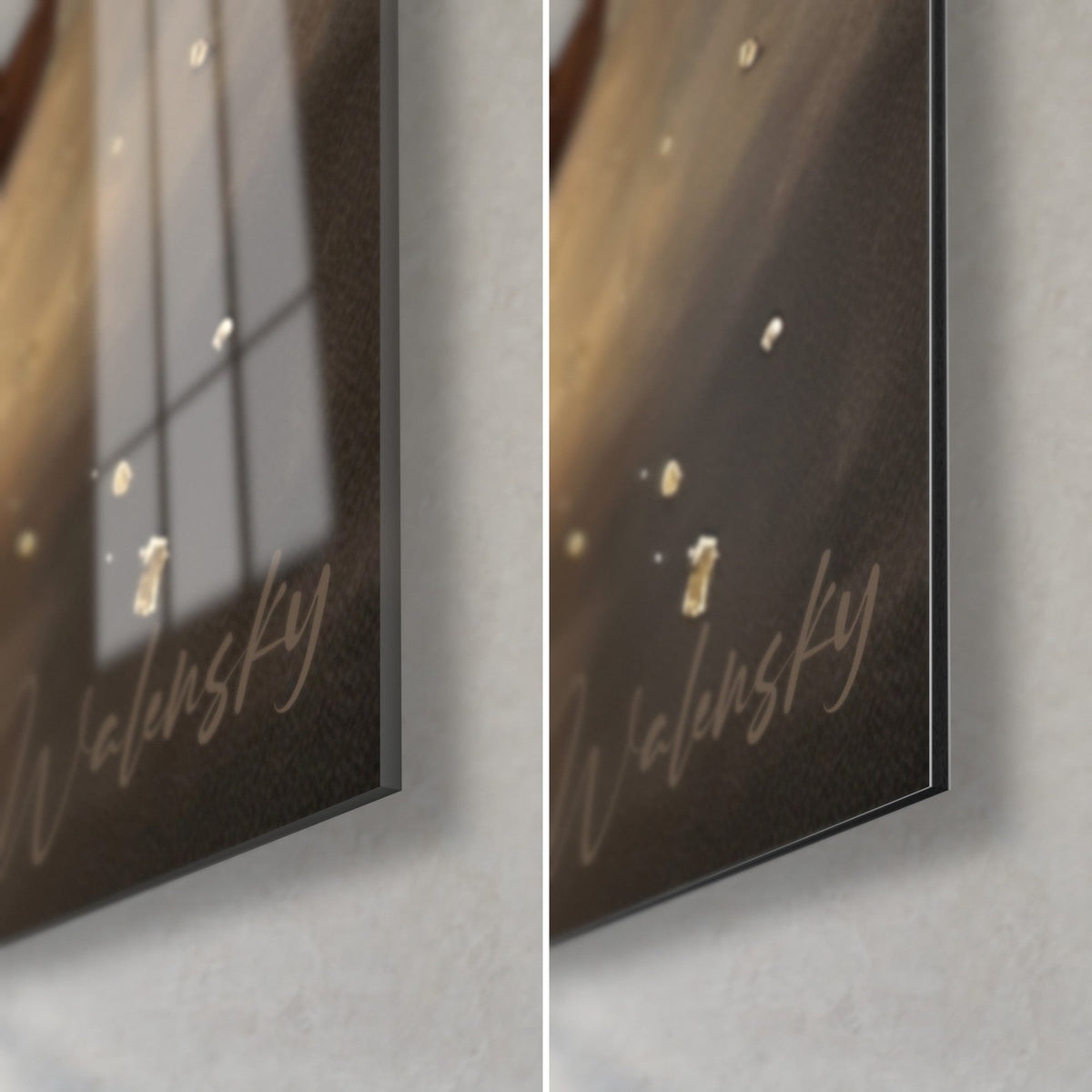 Wall art of a crossfitter squatting, bottom right corner: glossy acrylic glass reflecting the window, matte black Dibond, 3 mm edge