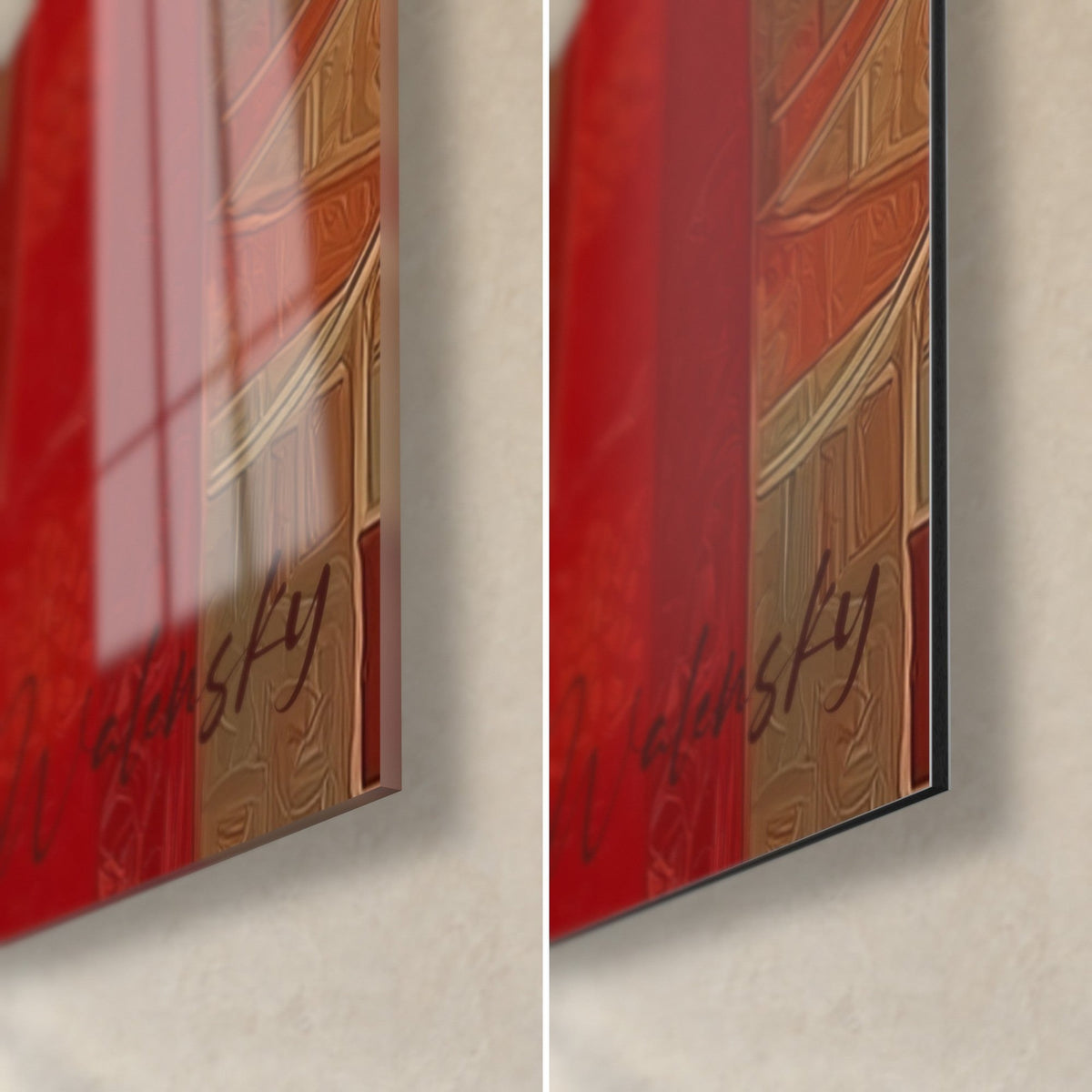 Cuadro musa Art Déco con flores rojas, abajo a la derecha: cristal acrílico brillante que refleja la luz, aluminio Dibond negro mate con canto de 3 mm
