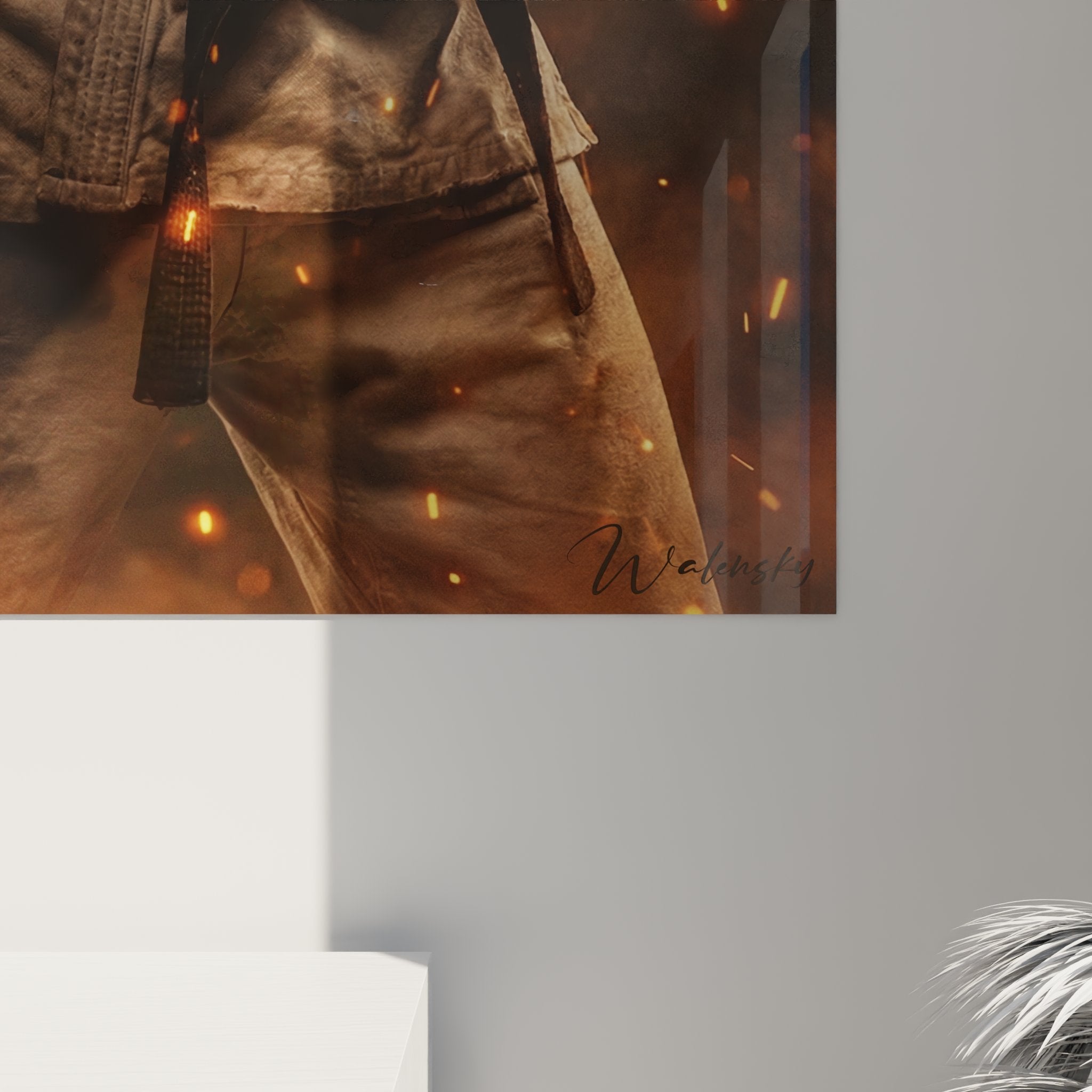 Vue ensemble tableau karate mural decoration guerrier martial effets feu etincelles dorees