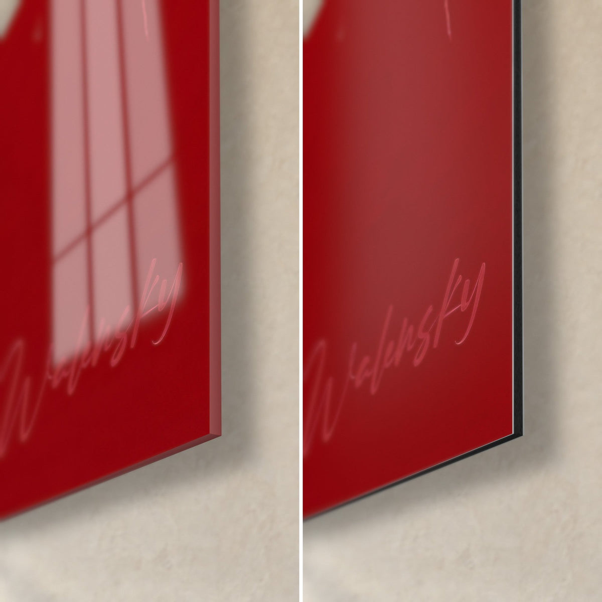 Cuadro felino negro de ojos ámbar, esquina inferior derecha: cristal acrílico brillante que refleja la ventana, Dibond rojo mate, canto de 3 mm