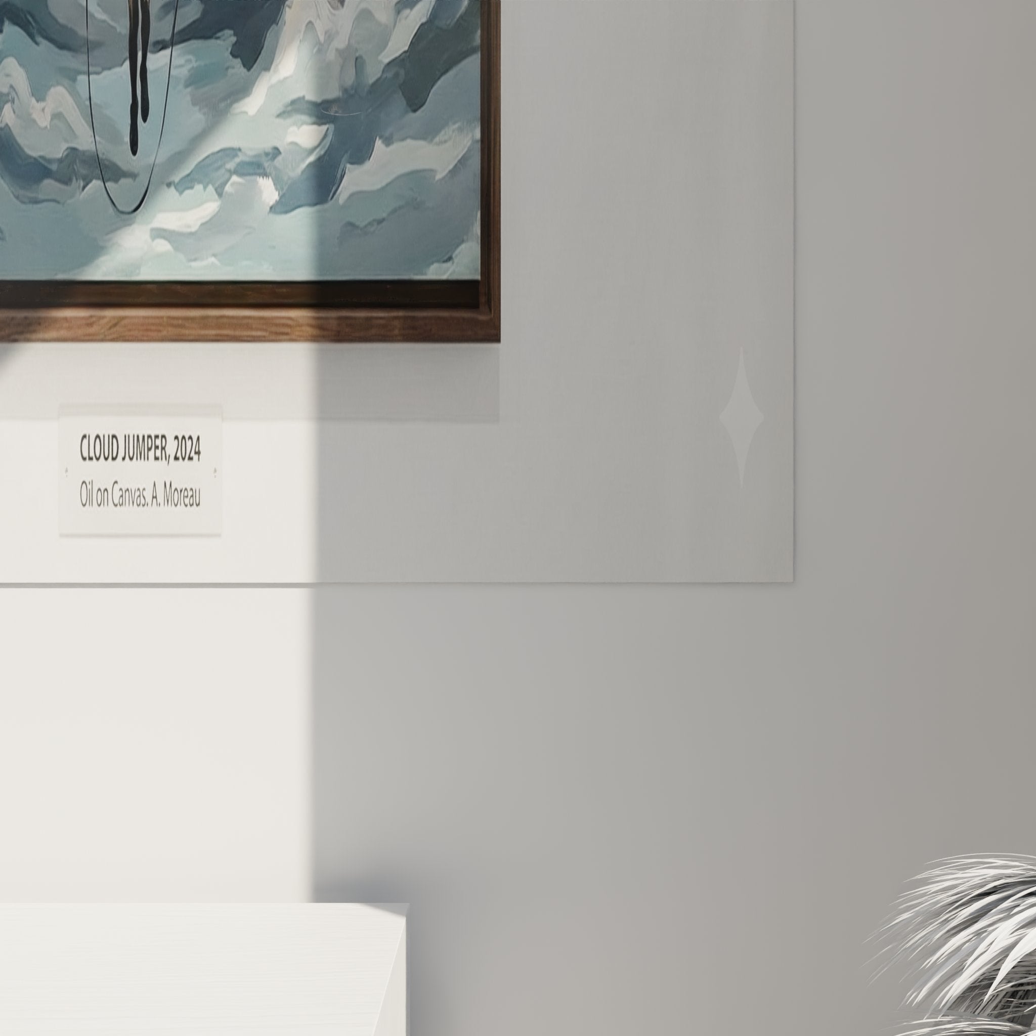 Vue d'ensemble tableau mural corde à sauter, silhouette dans nuages, art décoratif sport bleu sur mur blanc