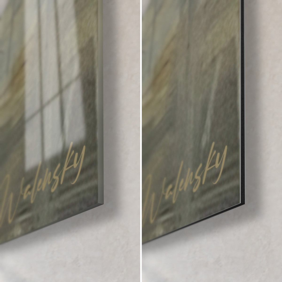 Gemälde Paar von hinten im Wind, untere rechte Ecke: glänzendes Acrylglas links, mattes Dibond-Aluminium rechts, 3 mm Kante