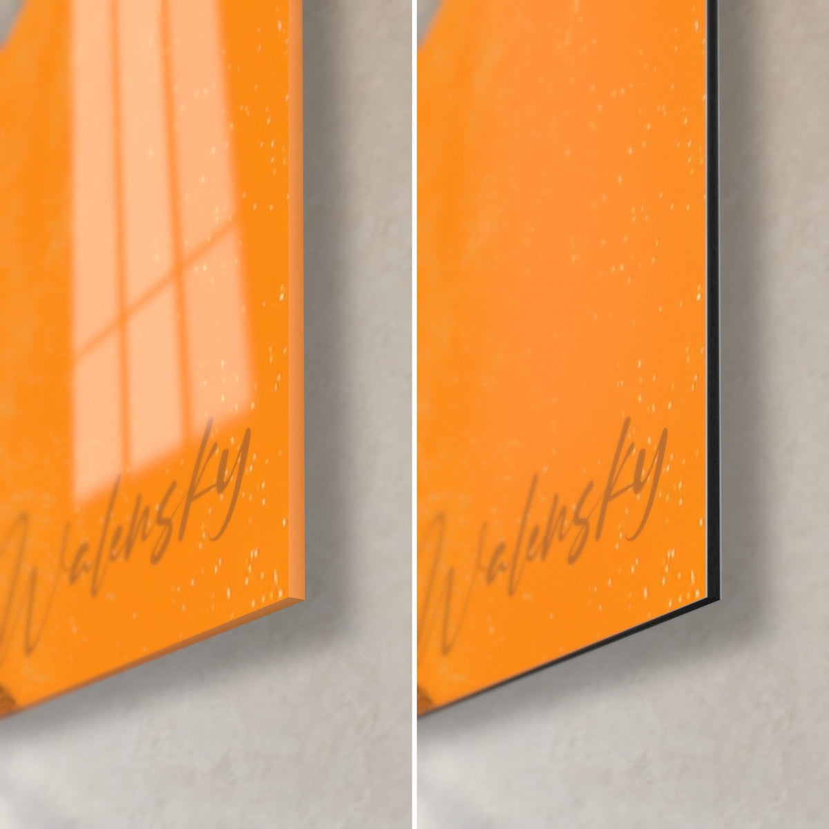 Schilderij Siamese kat op oranje achtergrond, rechtsonder: glanzend acrylglas links, mat zwart Dibond-aluminium rechts