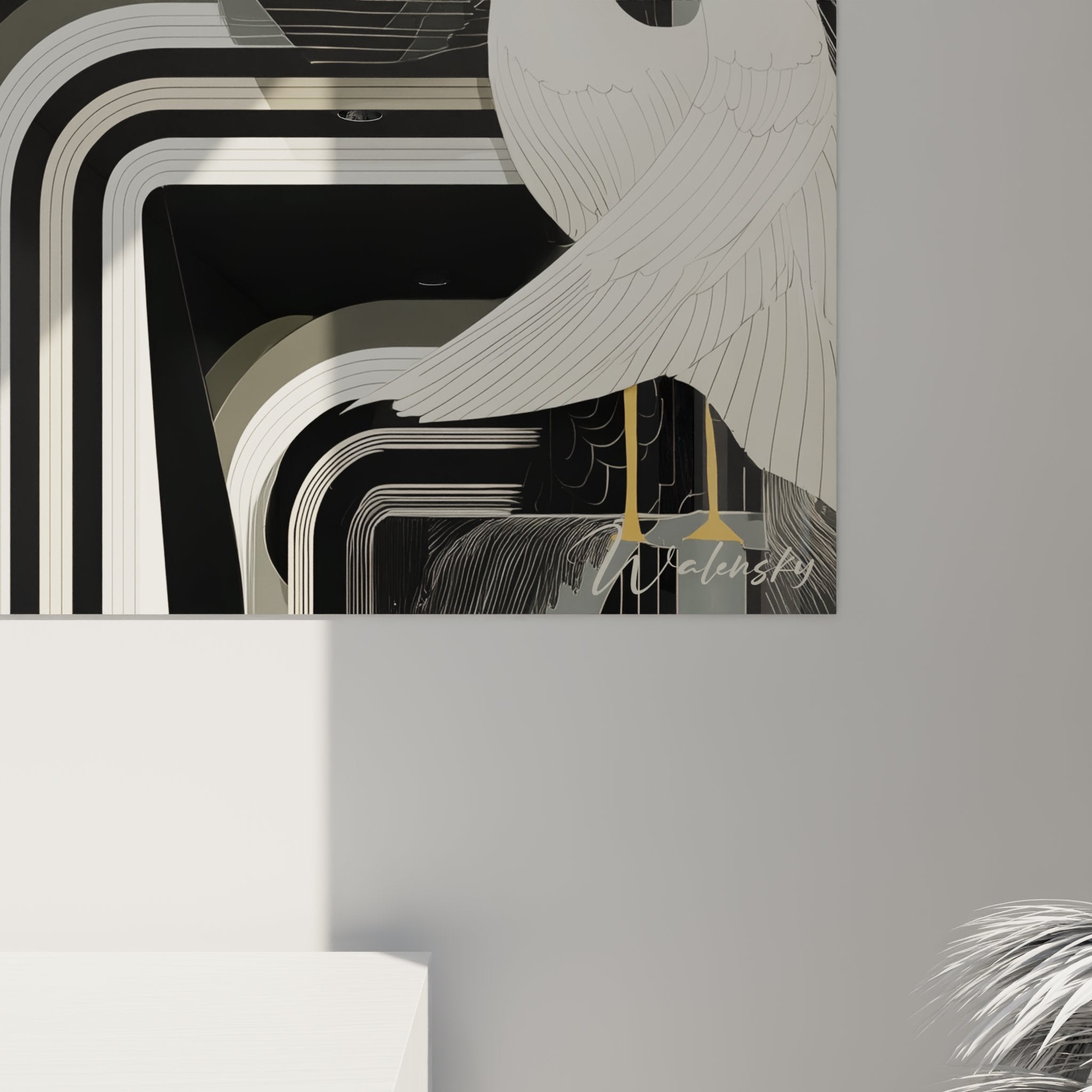 Vista d'insieme quadro murale art déco donna con uccelli, composizione geometrica nero bianco e dorato