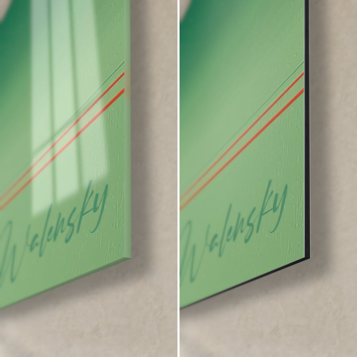 Gemälde Art-déco-Stelzvogel in Mintgrün, untere rechte Ecke: glänzendes Glas links, mattes Dibond rechts, schwarze 3-mm-Kante