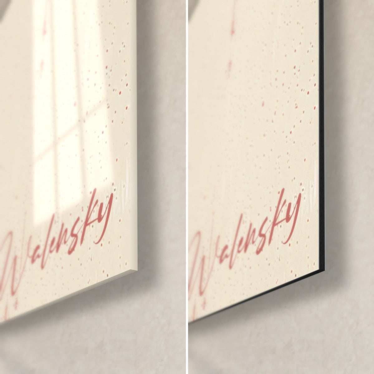 Gemälde Sphynx im Profil, unten rechts in Rot signiert Walensky auf cremefarbenem Grund, glänzendes Acrylglas und mattschwarzes Dibond 3 mm
